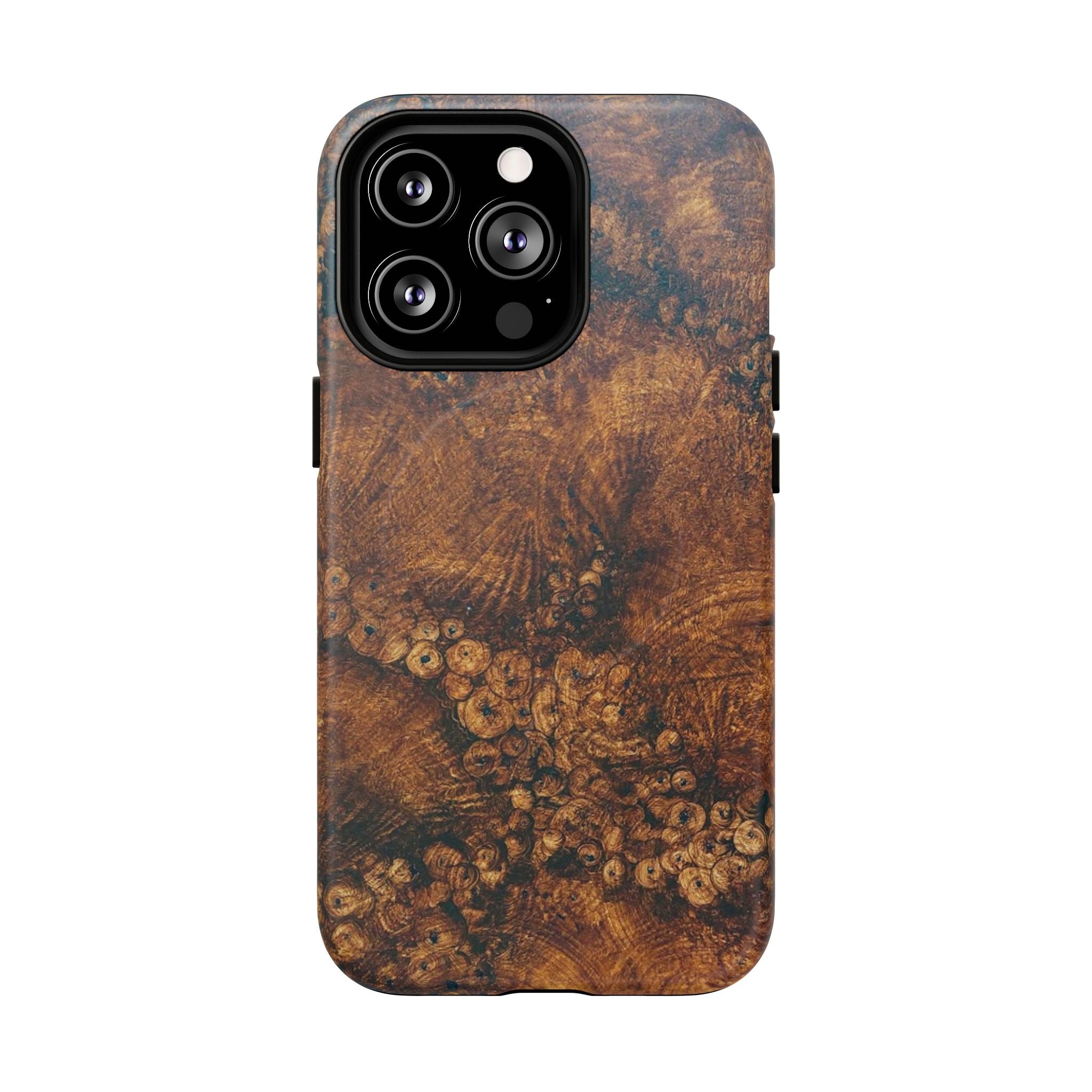 Magnetic iphone case with a natural Burl Wood Design compatible with MagSafe accessories in tough Dual Layer Shell