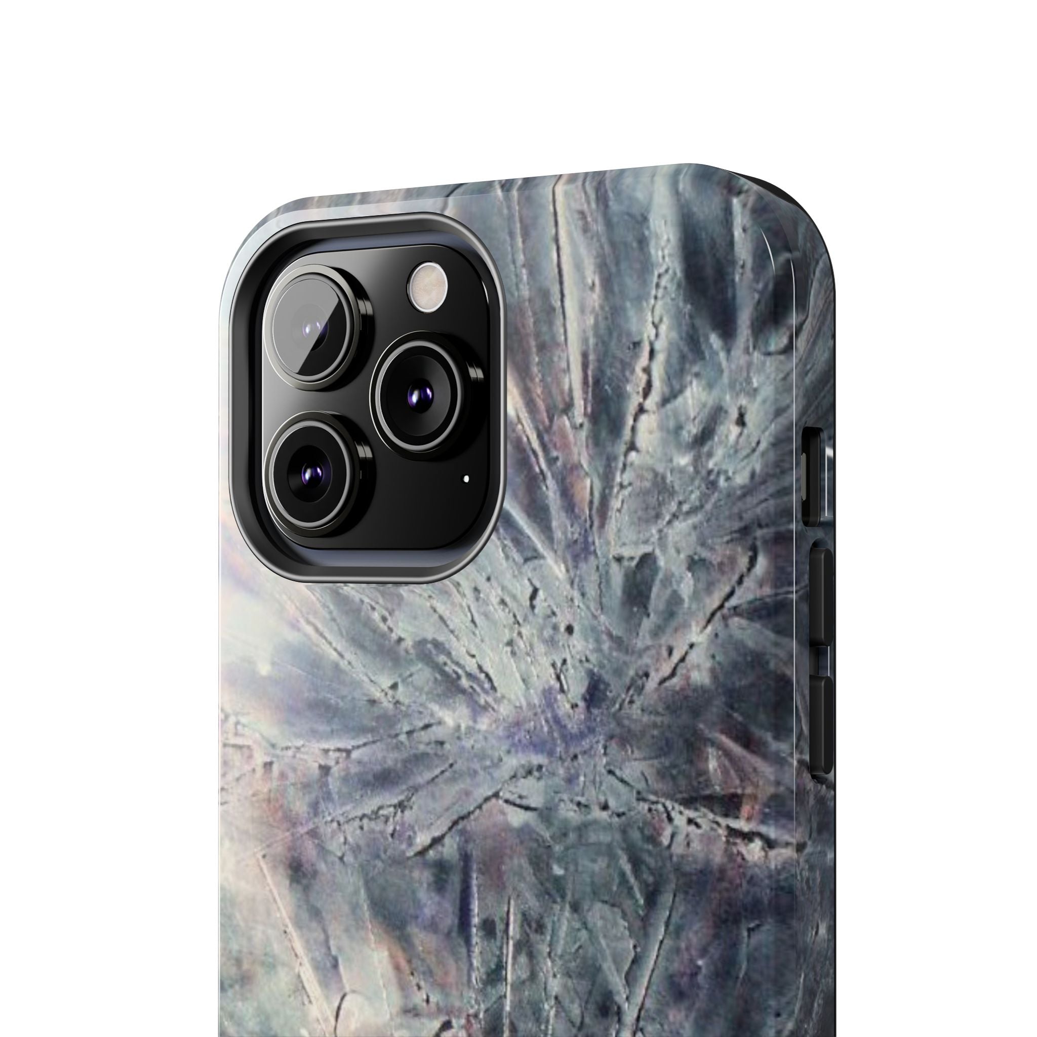 Phone case in abstract bursts of silver crystal design with rubber lining for strong impact and UV protection