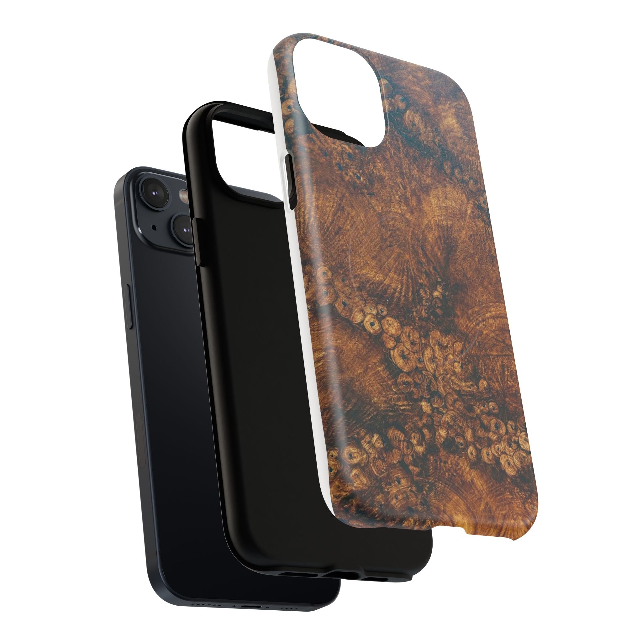 Magnetic iphone case with a natural Burl Wood Design compatible with MagSafe accessories in tough Dual Layer Shell