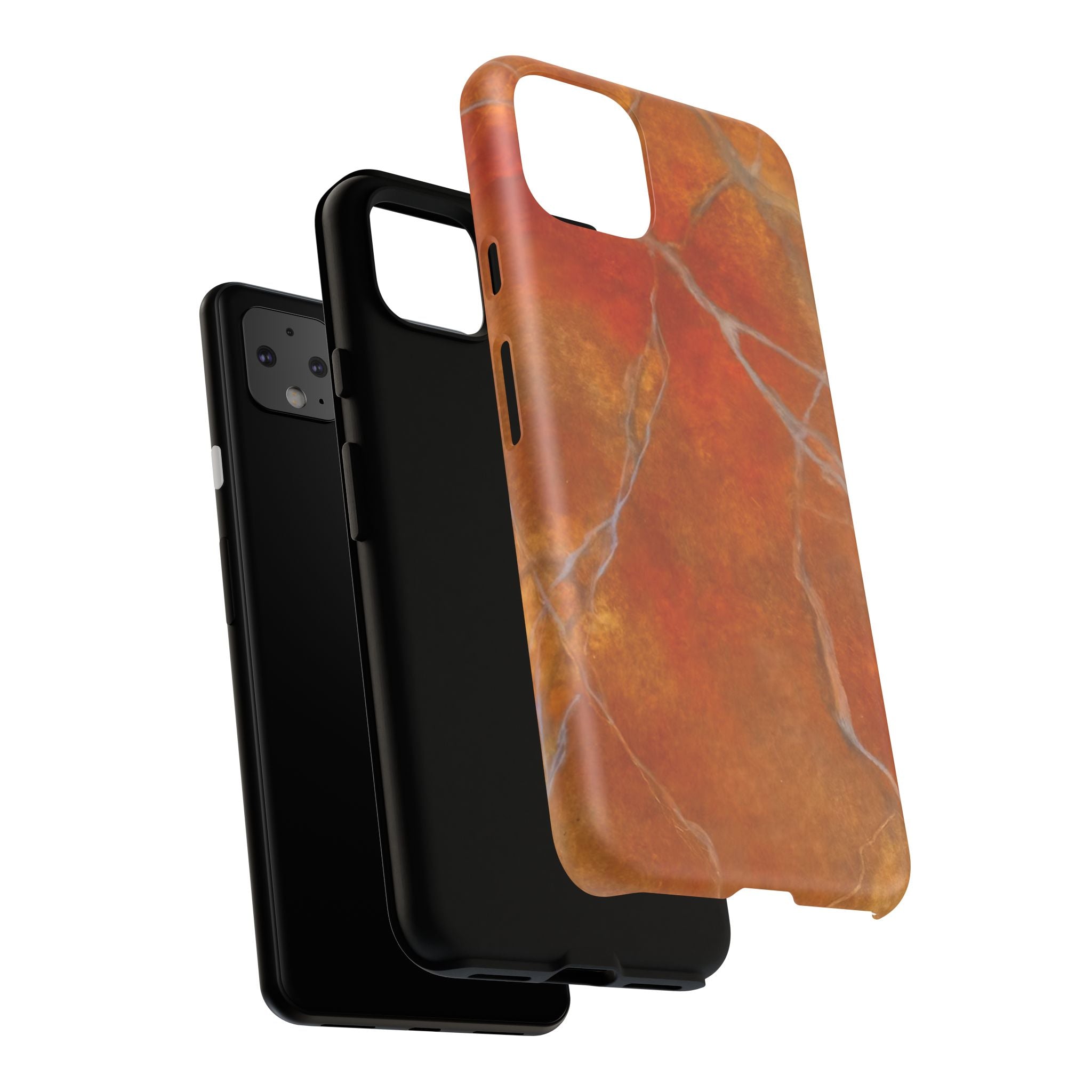 Phone case in sophisticated red orange marble design that is impact resistant tough in glossy or matte finish