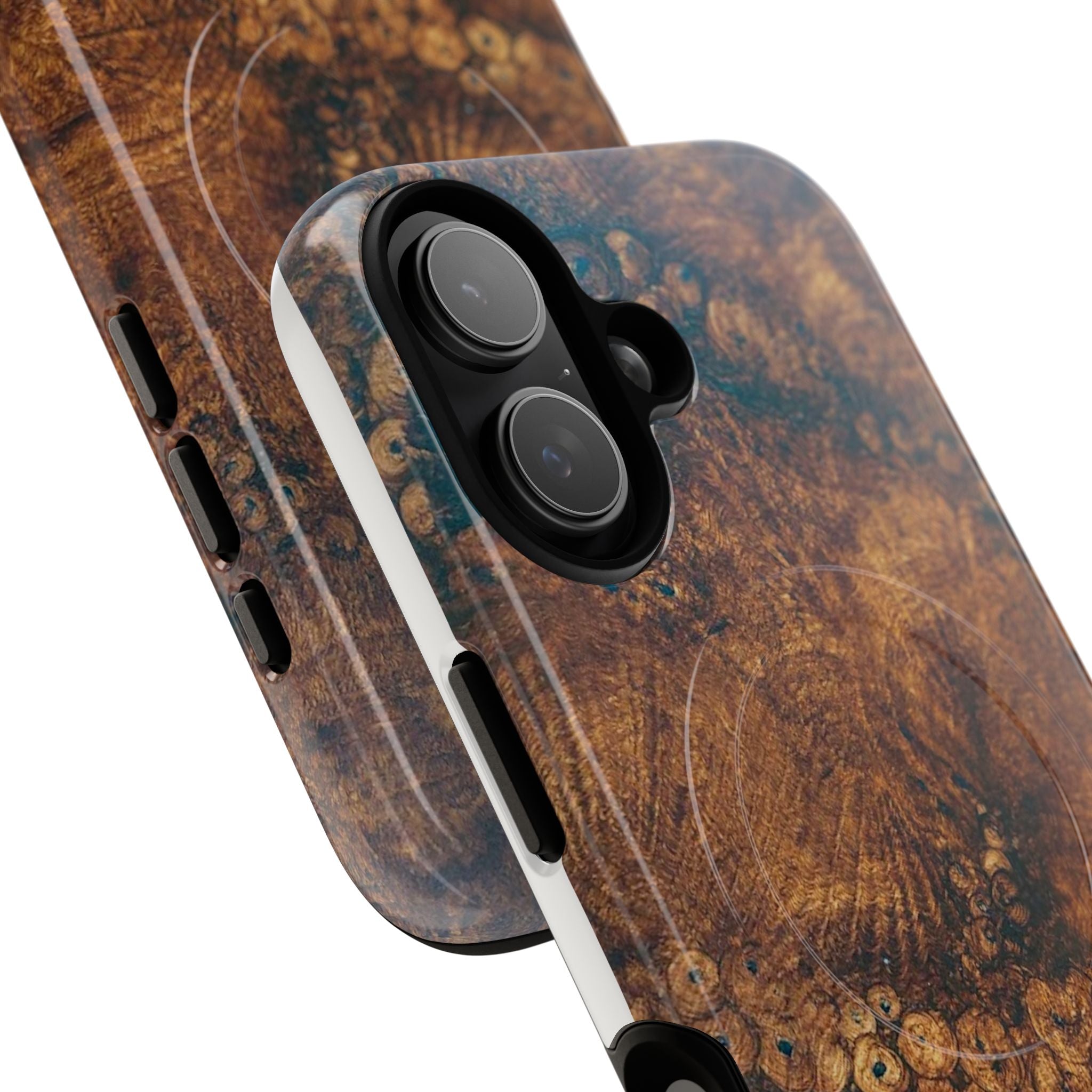 Magnetic iphone case with a natural Burl Wood Design compatible with MagSafe accessories in tough Dual Layer Shell