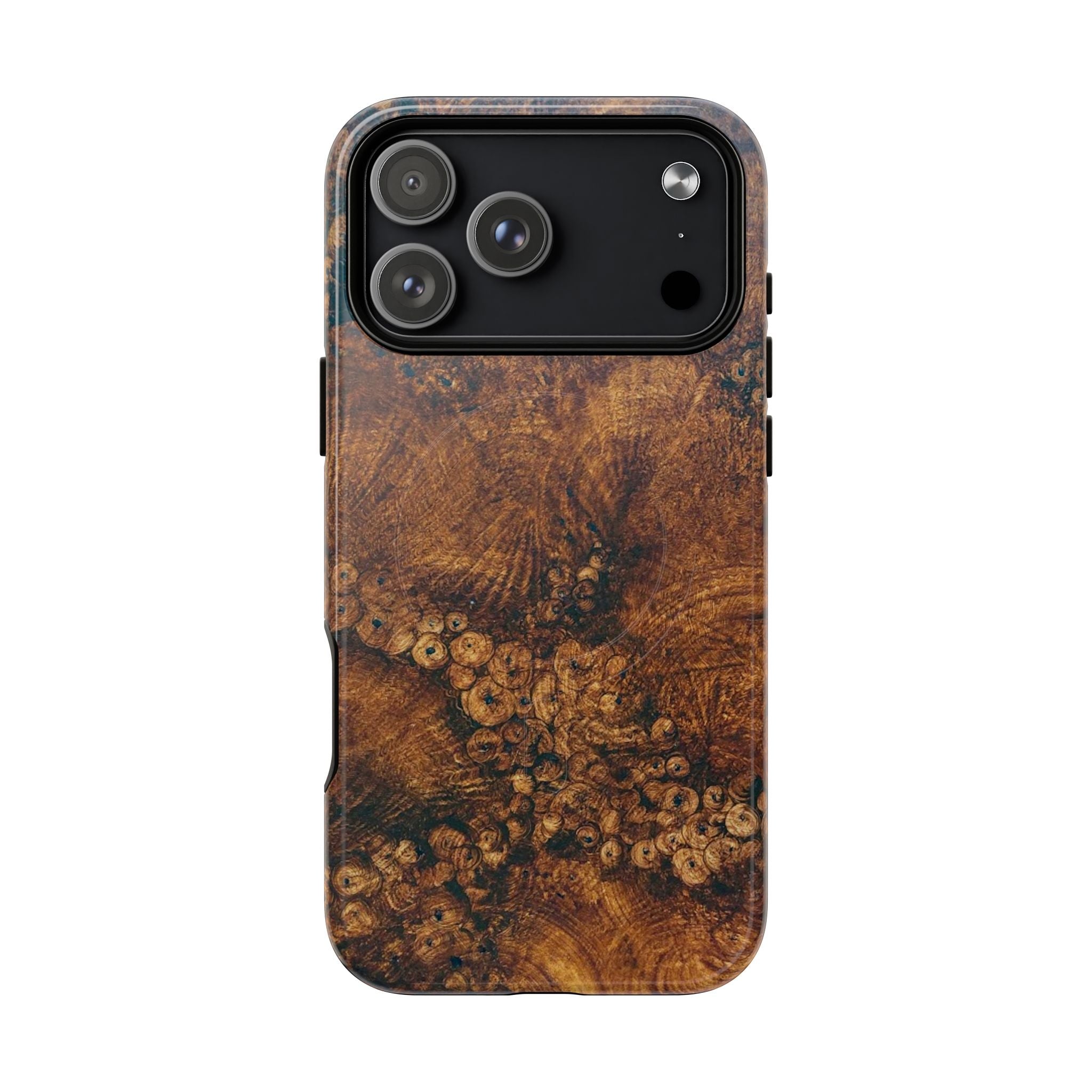 Magnetic iphone case with a natural Burl Wood Design compatible with MagSafe accessories in tough Dual Layer Shell