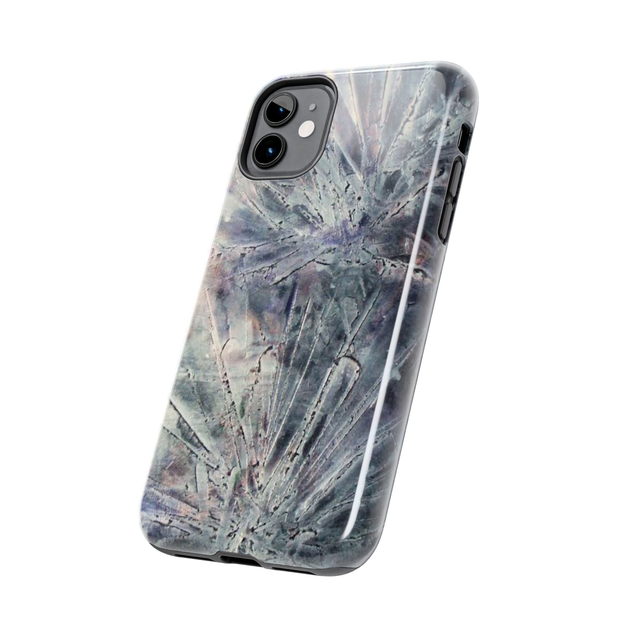 Phone case in abstract bursts of silver crystal design with rubber lining for strong impact and UV protection