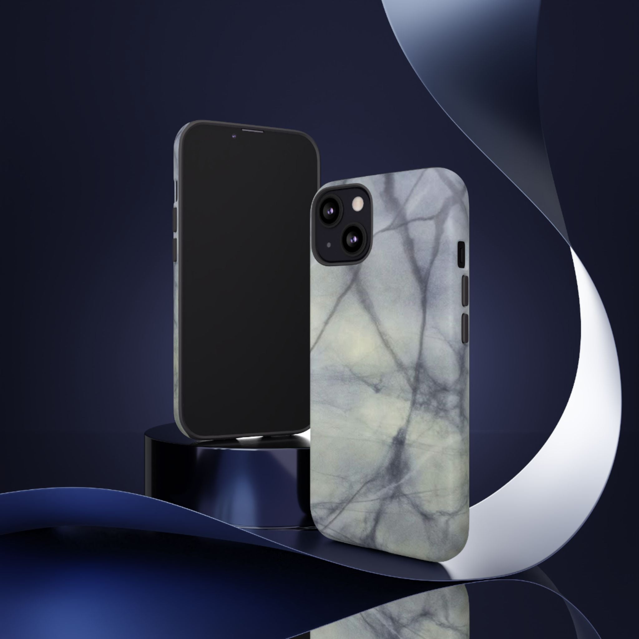 Phone case in impressive grey marble design with shock absorbing dual layer shell and UV resistance in 3D wrap
