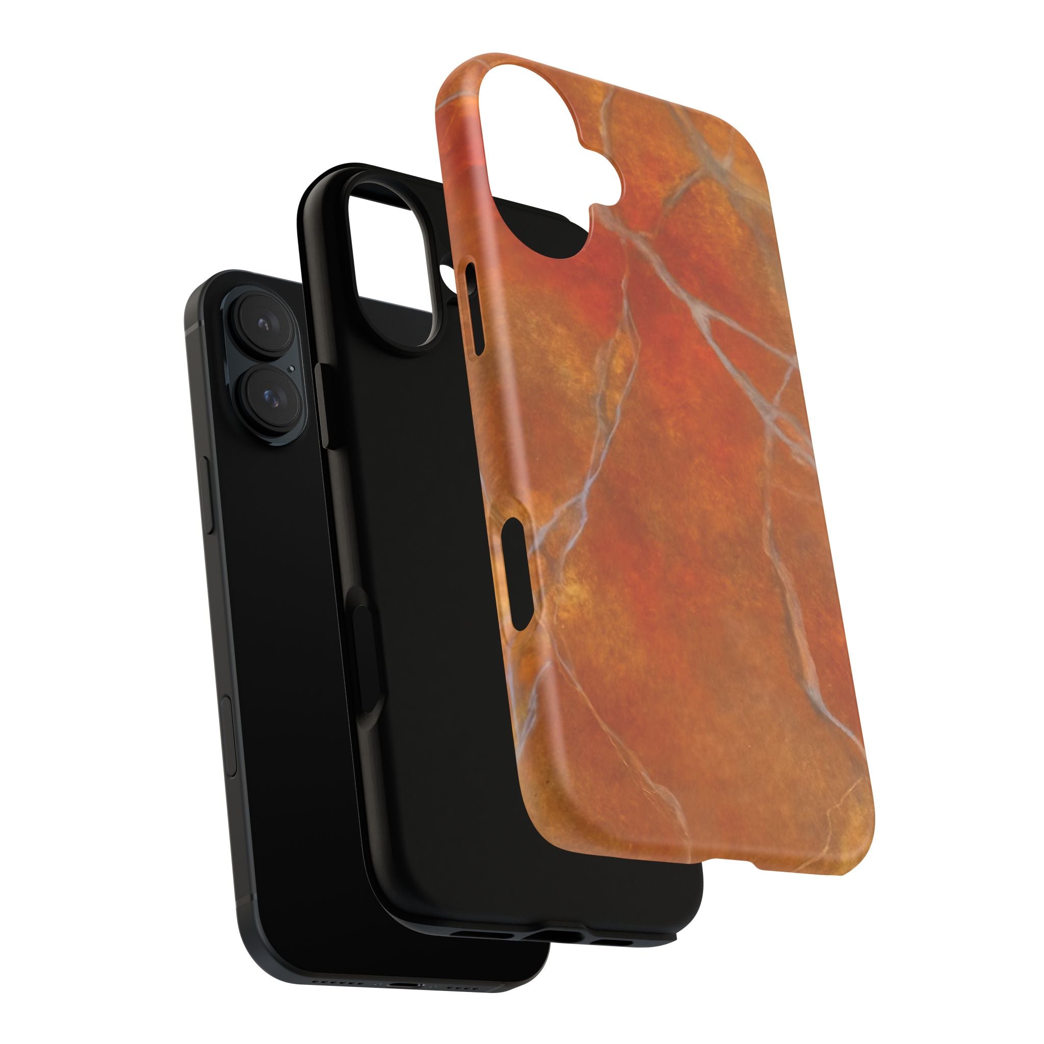 Phone case in sophisticated red orange marble design that is impact resistant tough in glossy or matte finish