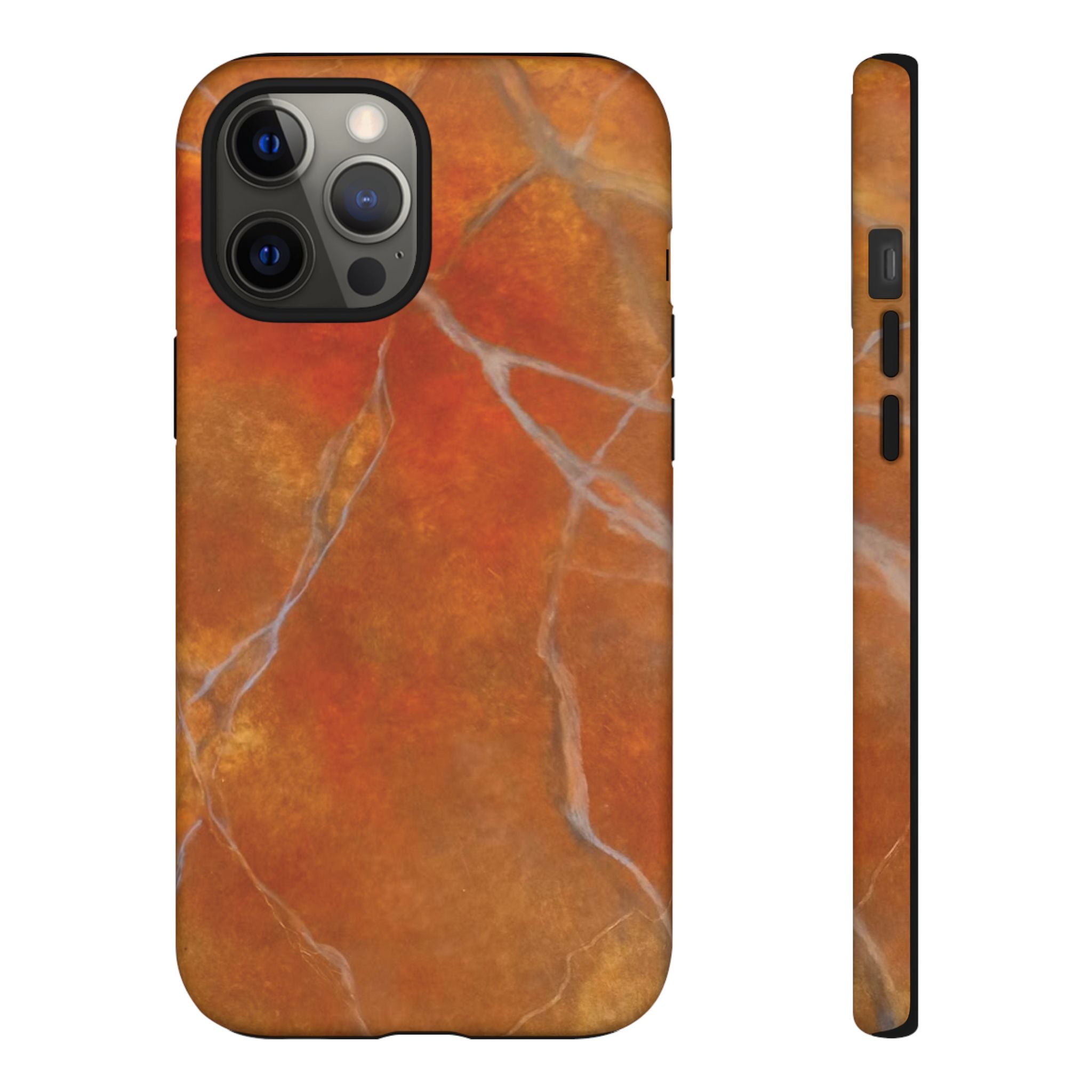 Phone case in sophisticated red orange marble design that is impact resistant tough in glossy or matte finish