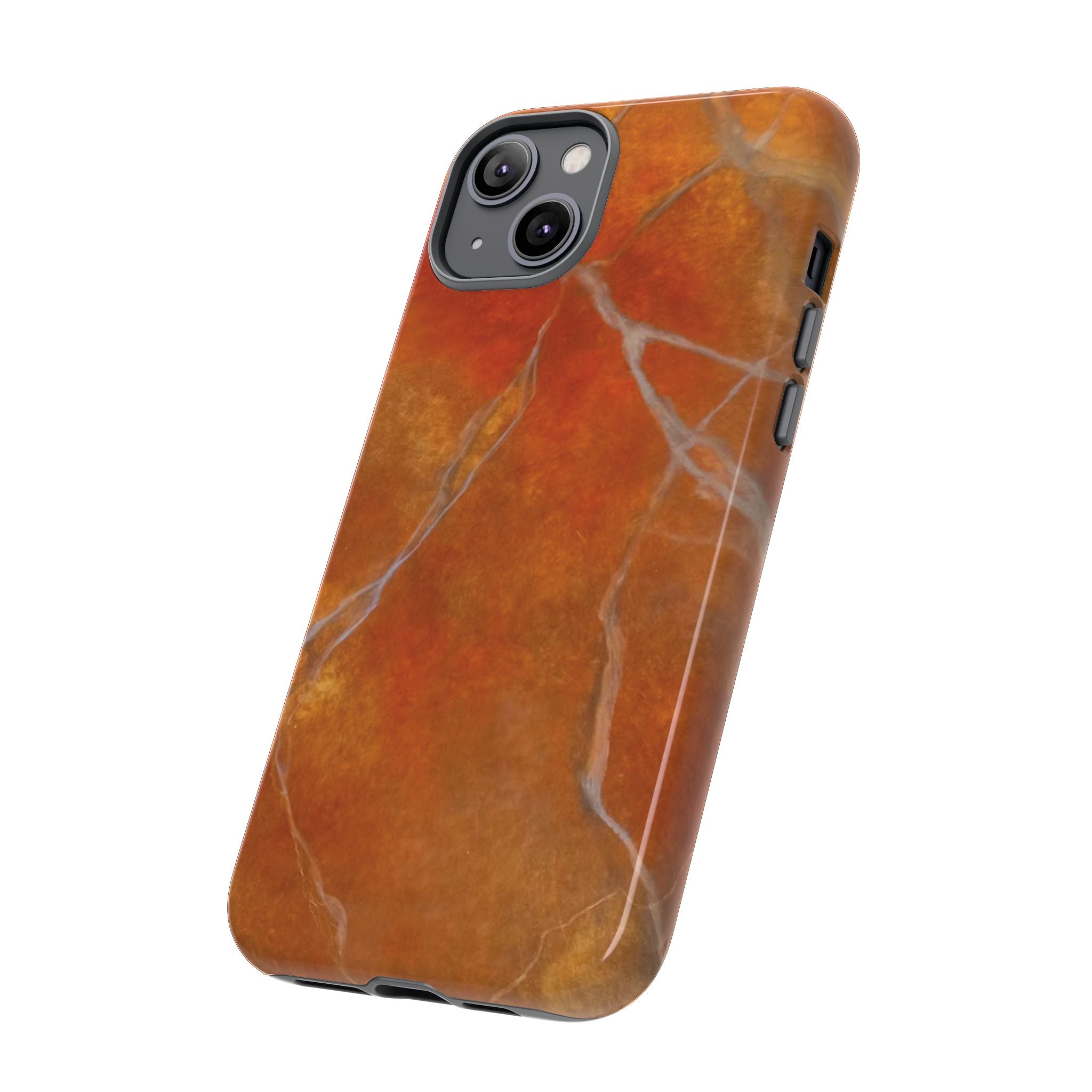 Phone case in sophisticated red orange marble design that is impact resistant tough in glossy or matte finish