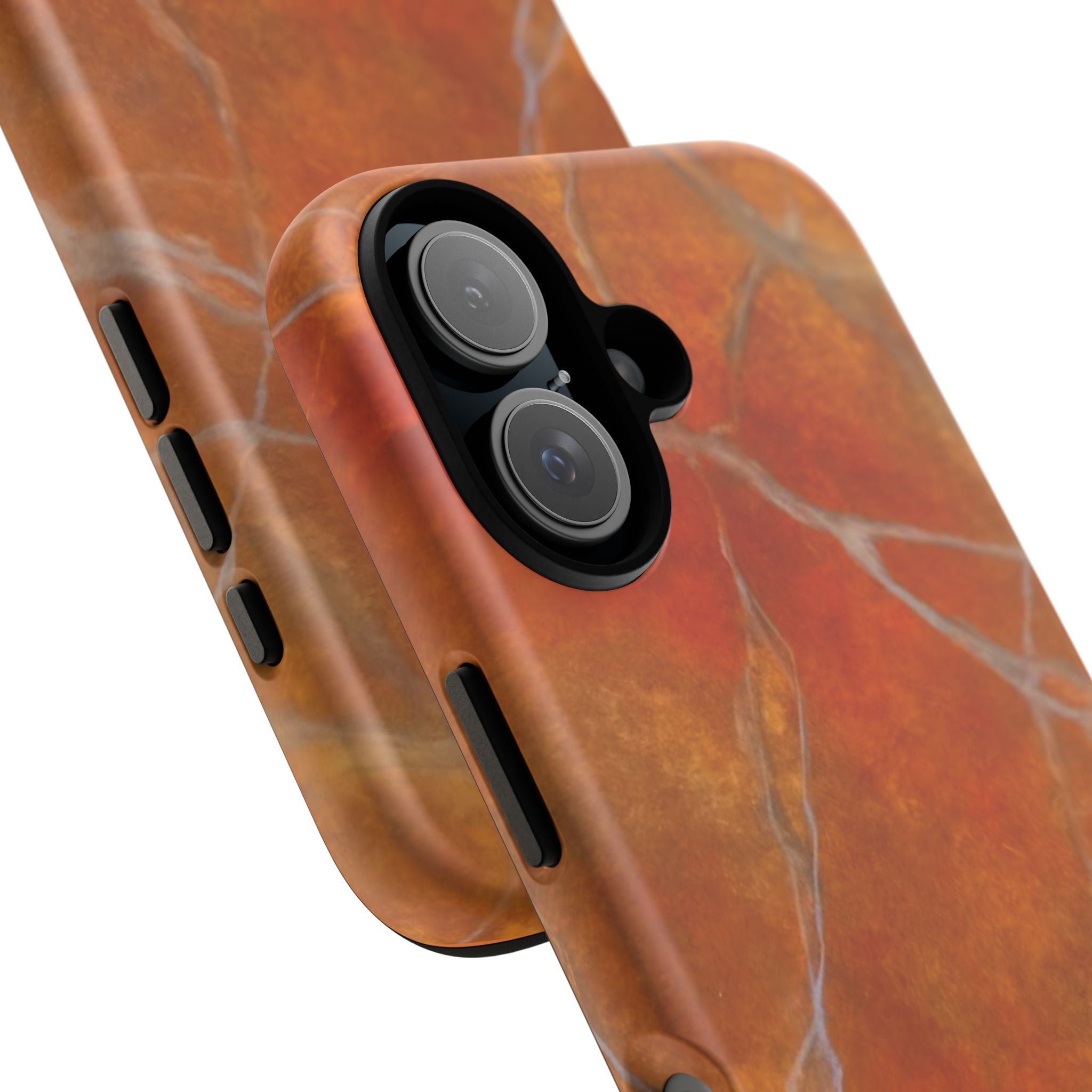 Phone case in sophisticated red orange marble design that is impact resistant tough in glossy or matte finish
