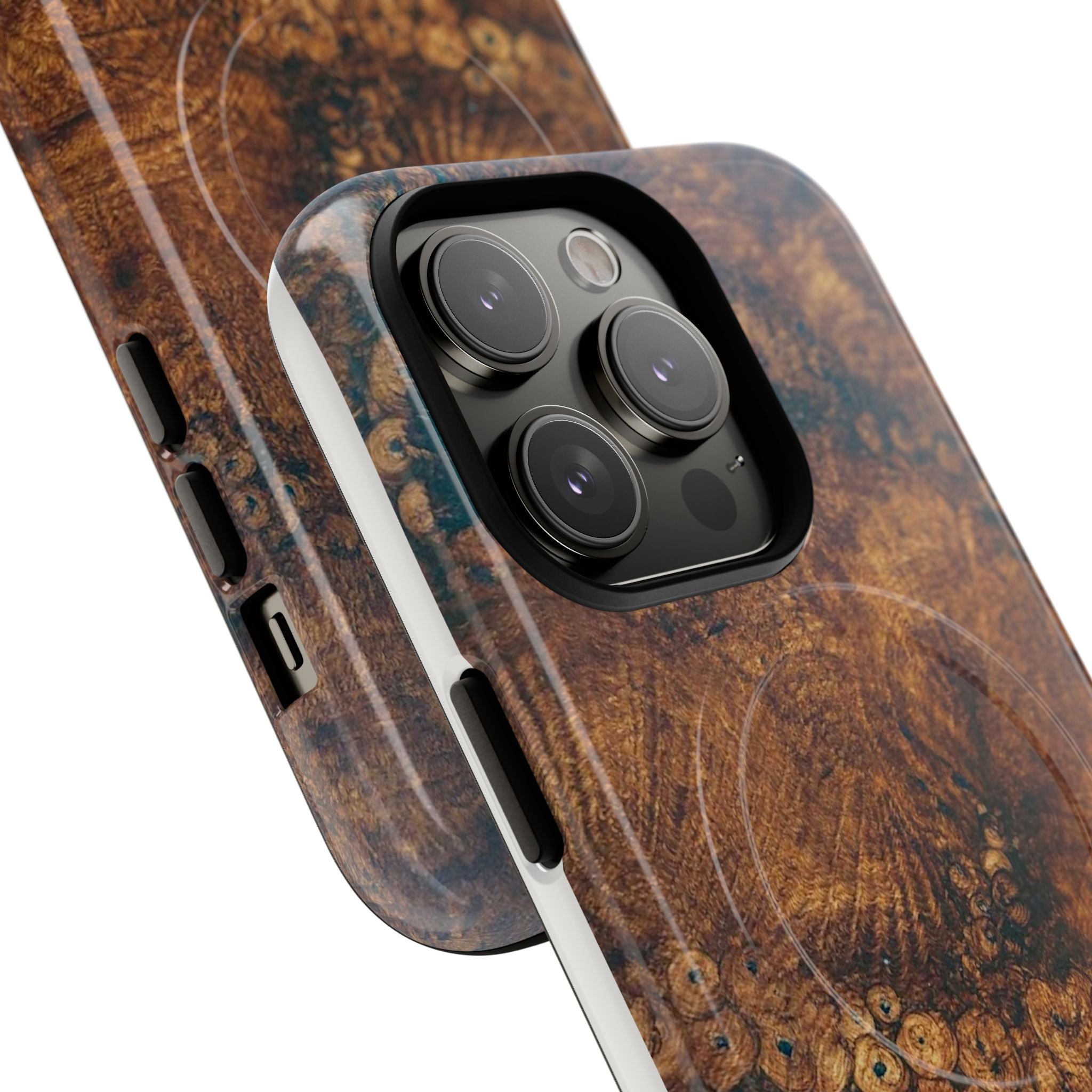 Magnetic iphone case with a natural Burl Wood Design compatible with MagSafe accessories in tough Dual Layer Shell
