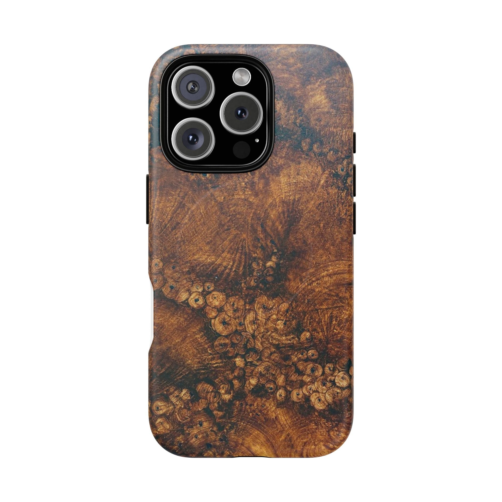 Magnetic iphone case with a natural Burl Wood Design compatible with MagSafe accessories in tough Dual Layer Shell