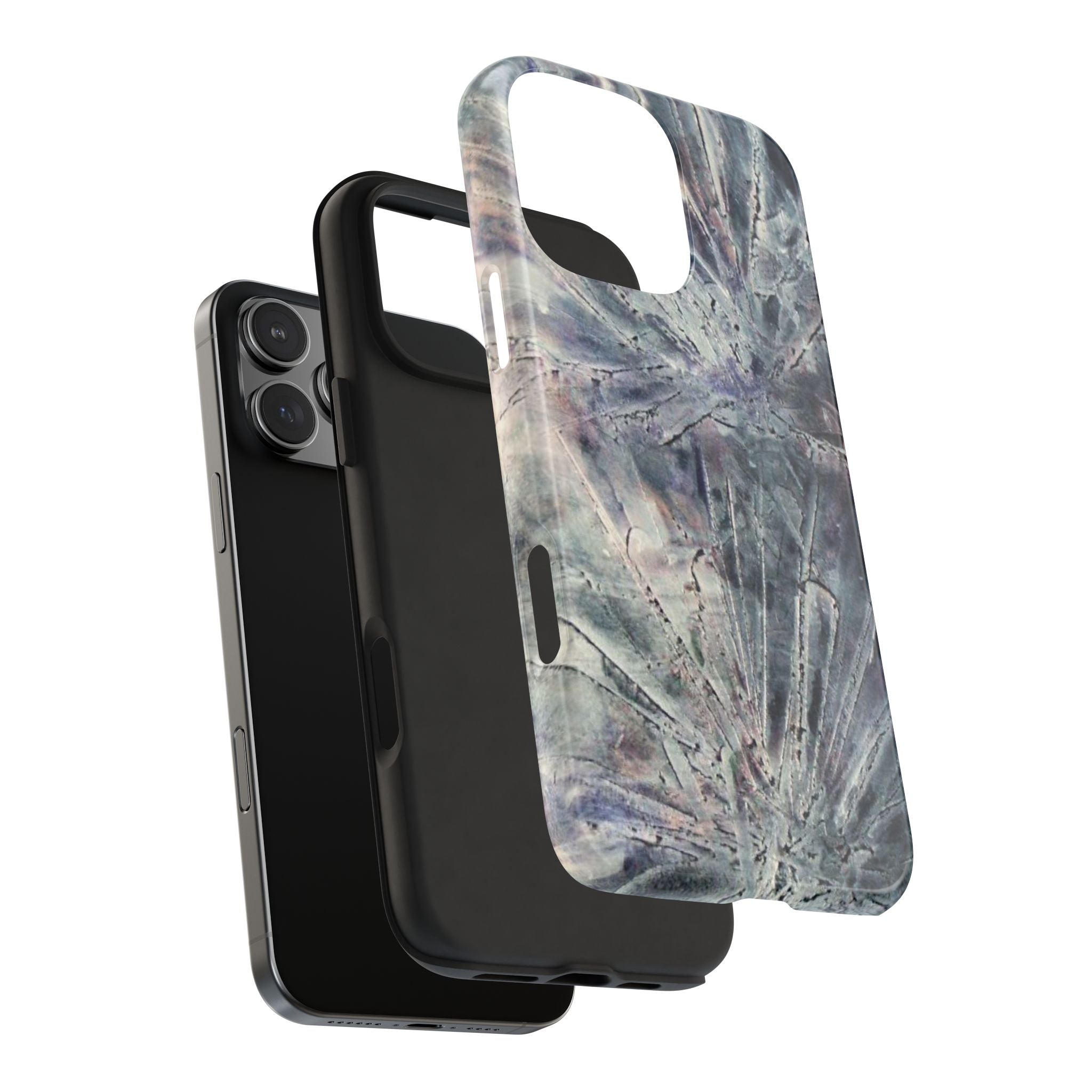 Phone case in abstract bursts of silver crystal design with rubber lining for strong impact and UV protection