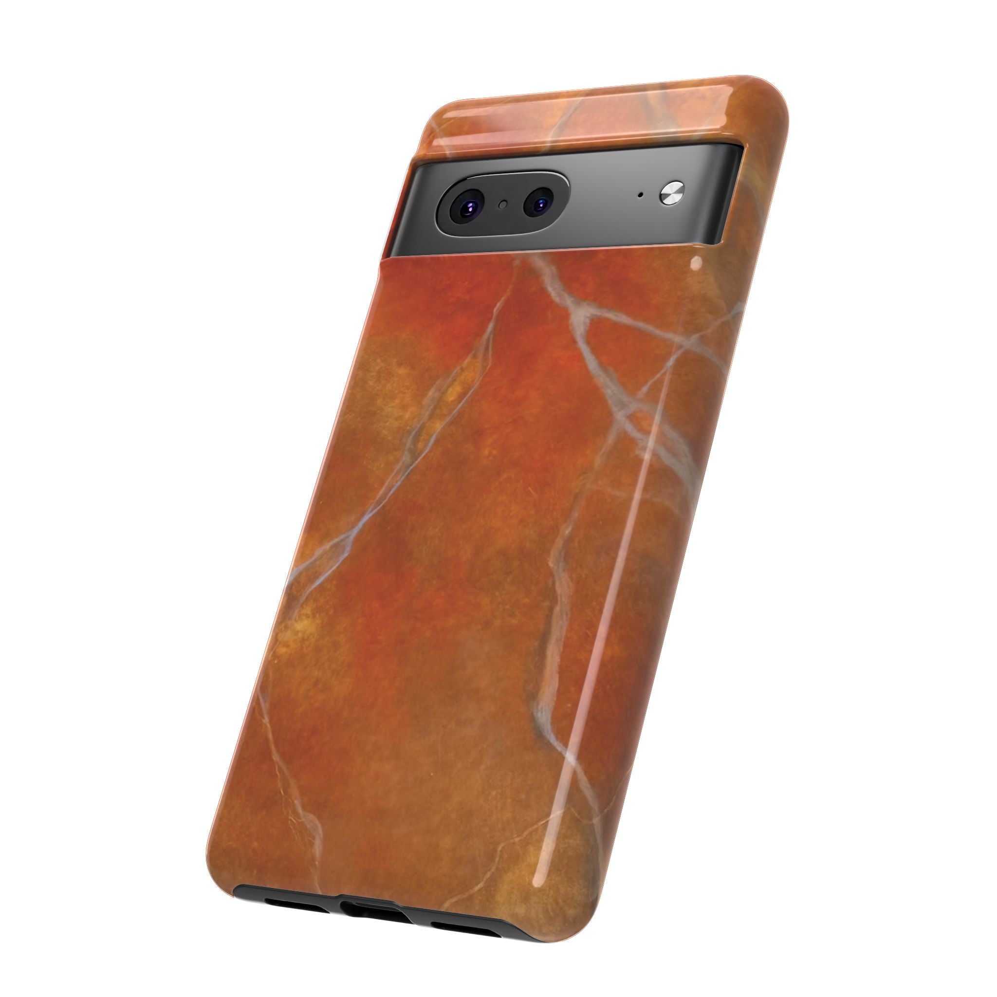 Phone case in sophisticated red orange marble design that is impact resistant tough in glossy or matte finish