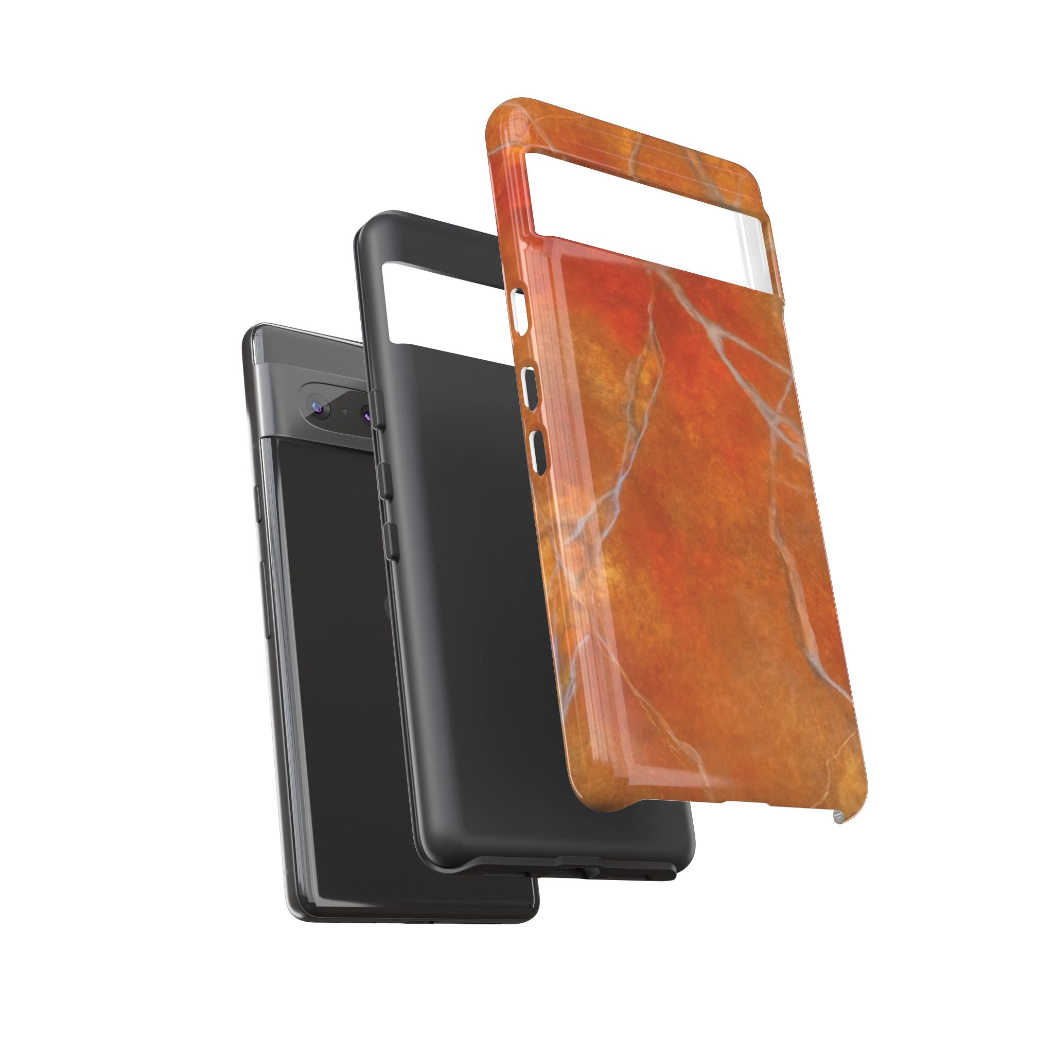 Phone case in sophisticated red orange marble design that is impact resistant tough in glossy or matte finish