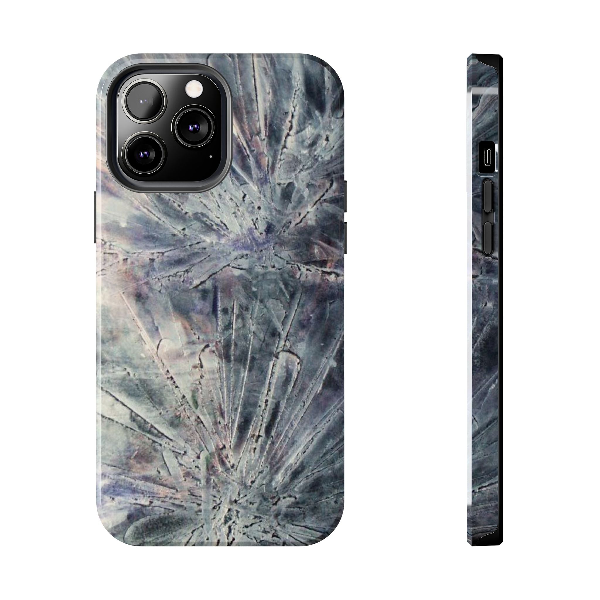 Phone case in abstract bursts of silver crystal design with rubber lining for strong impact and UV protection