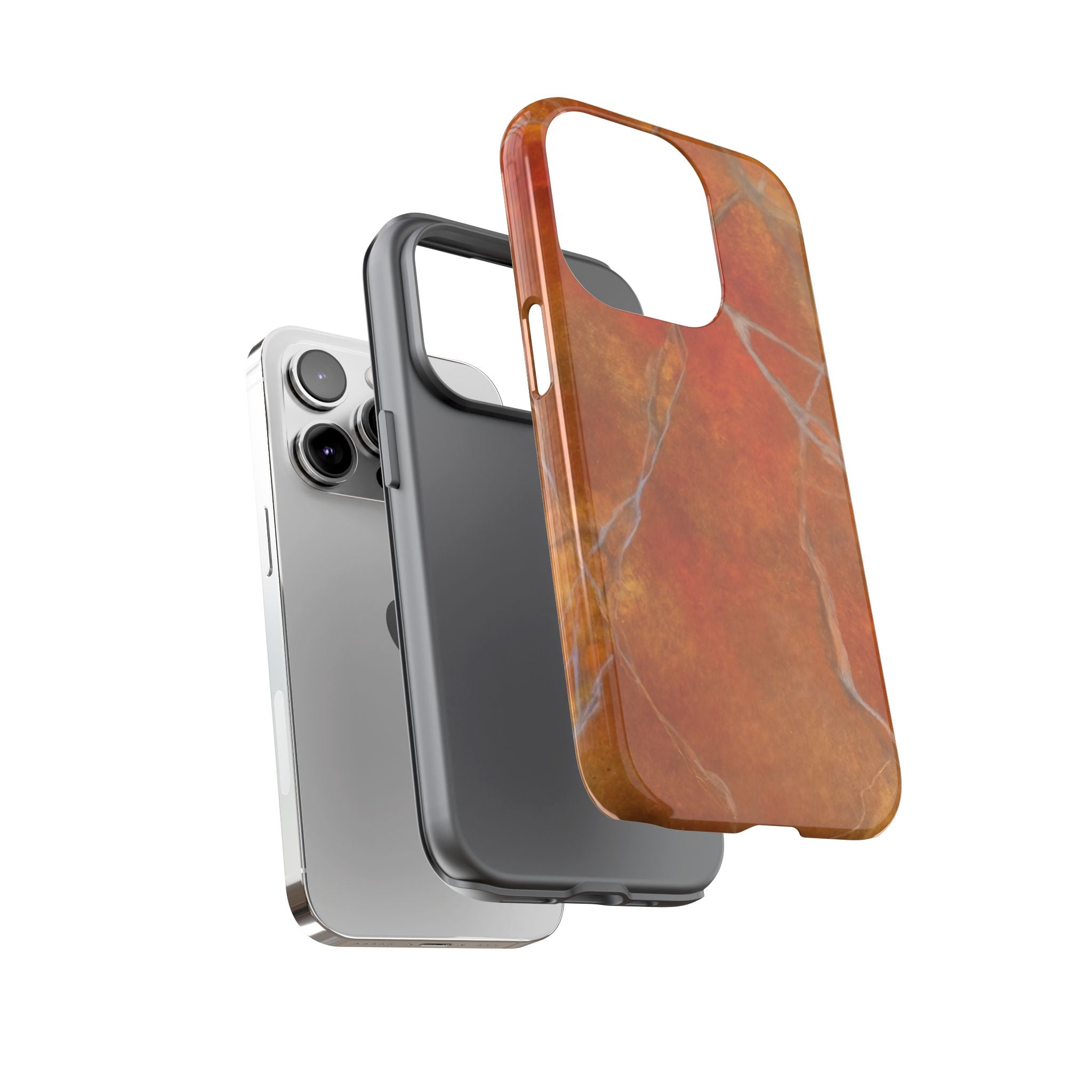 Phone case in sophisticated red orange marble design that is impact resistant tough in glossy or matte finish