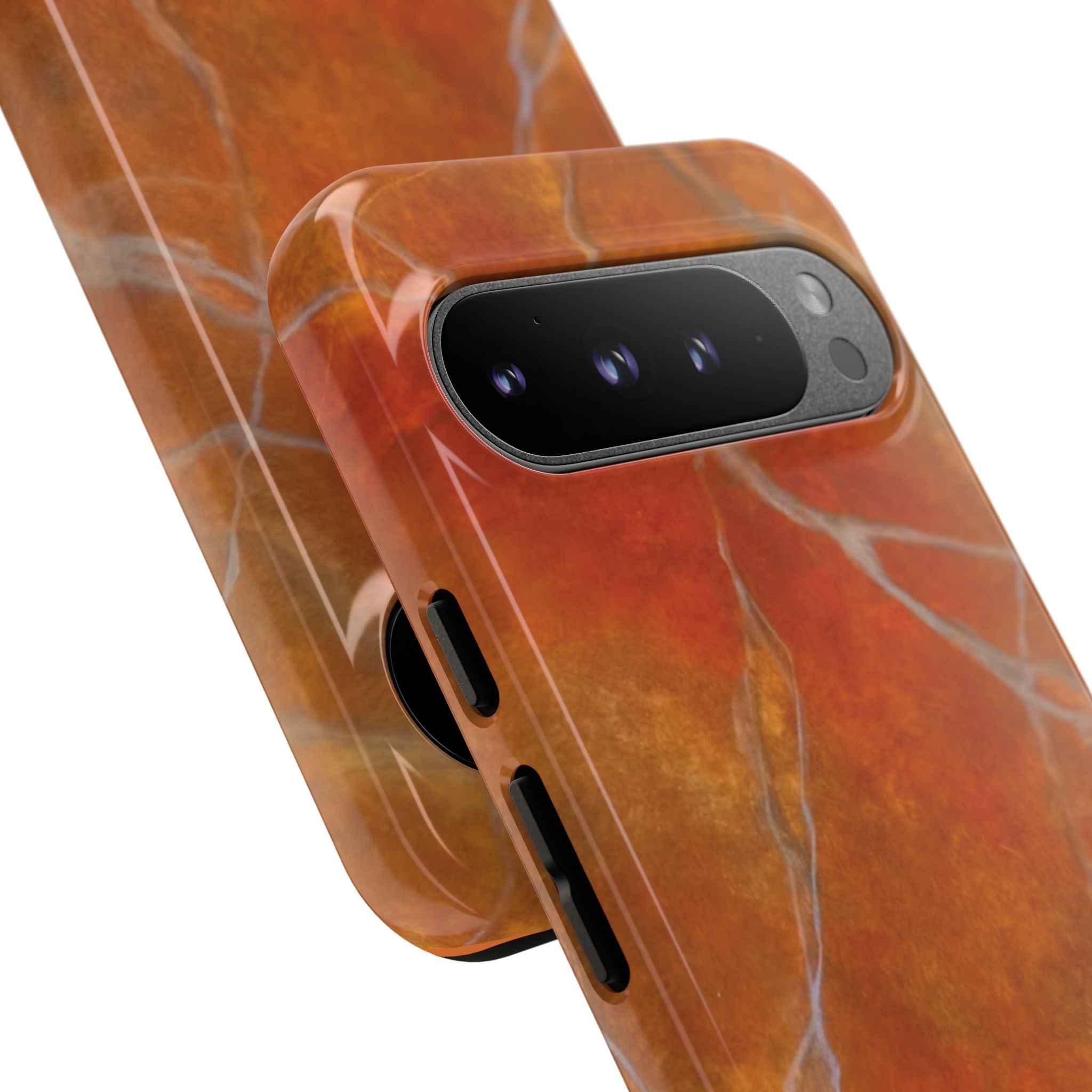 Phone case in sophisticated red orange marble design that is impact resistant tough in glossy or matte finish