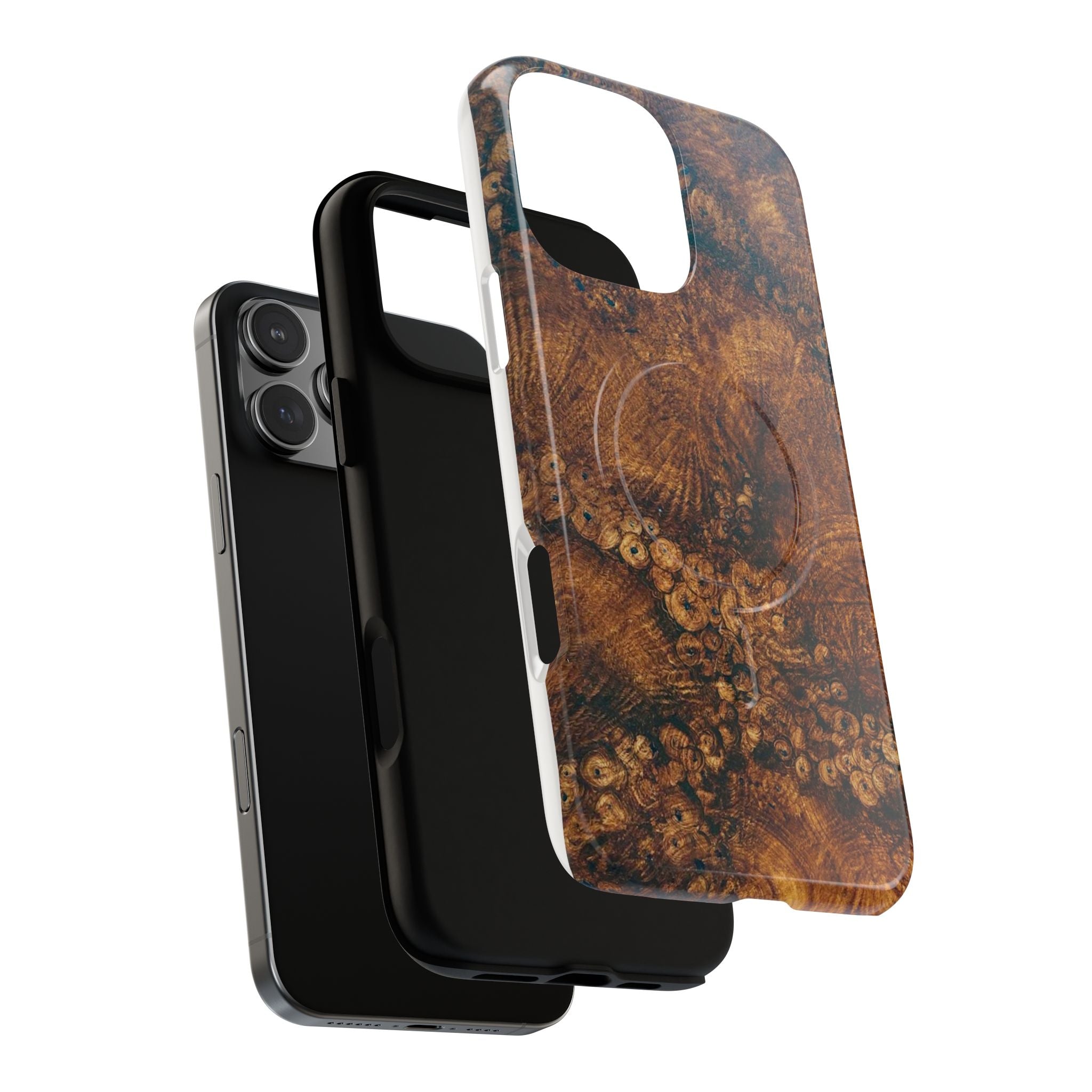 Magnetic iphone case with a natural Burl Wood Design compatible with MagSafe accessories in tough Dual Layer Shell