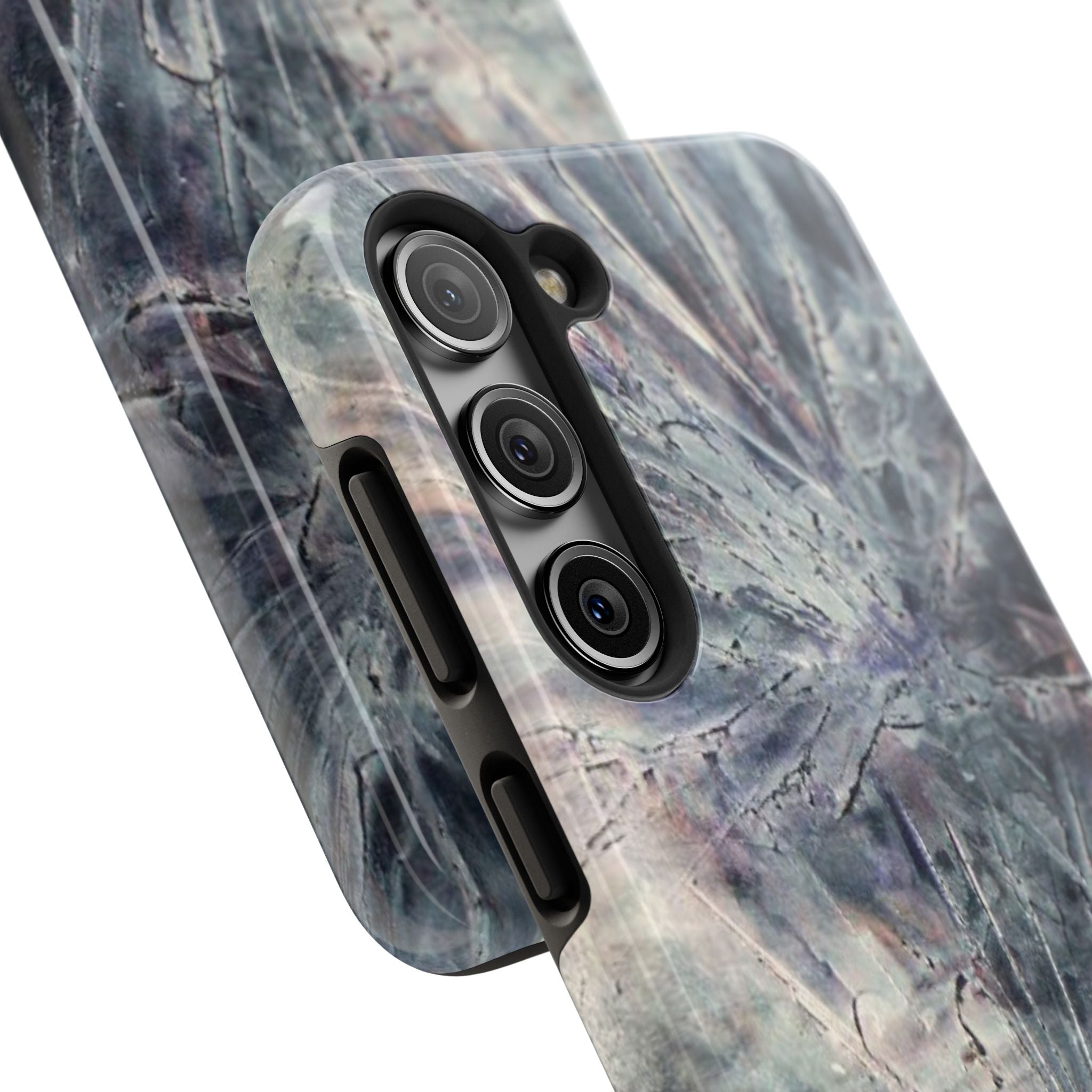 Phone case in abstract bursts of silver crystal design with rubber lining for strong impact and UV protection