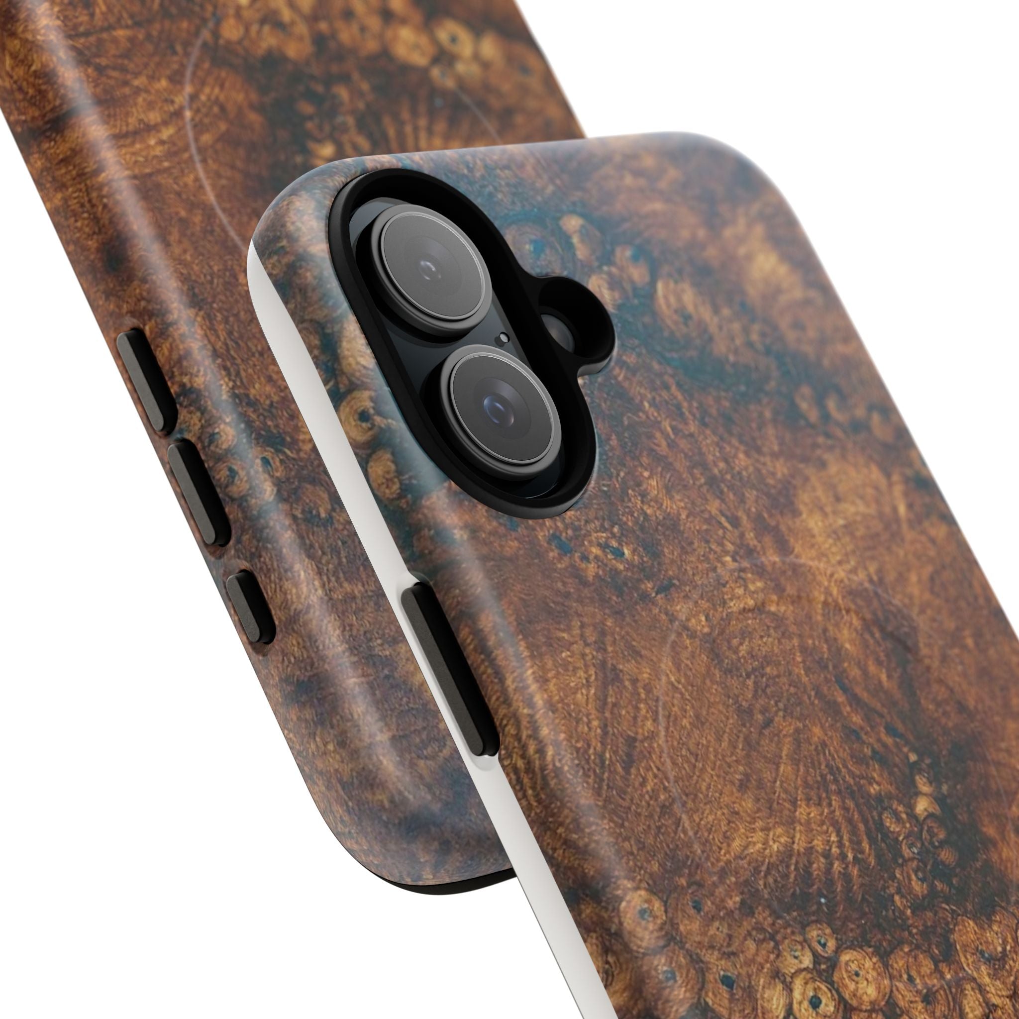 Magnetic iphone case with a natural Burl Wood Design compatible with MagSafe accessories in tough Dual Layer Shell