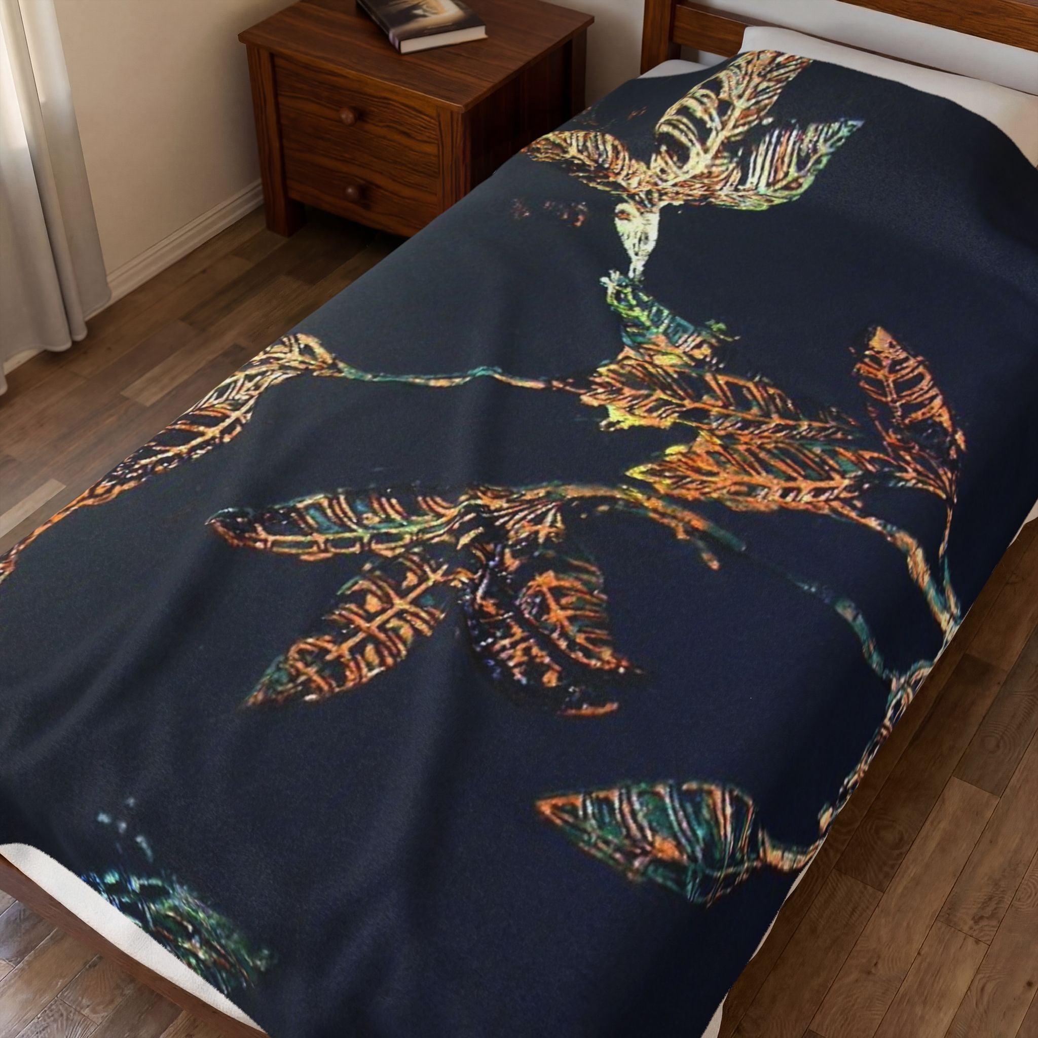 So Soft Black with Gold Leaf Design Velveteen Blanket