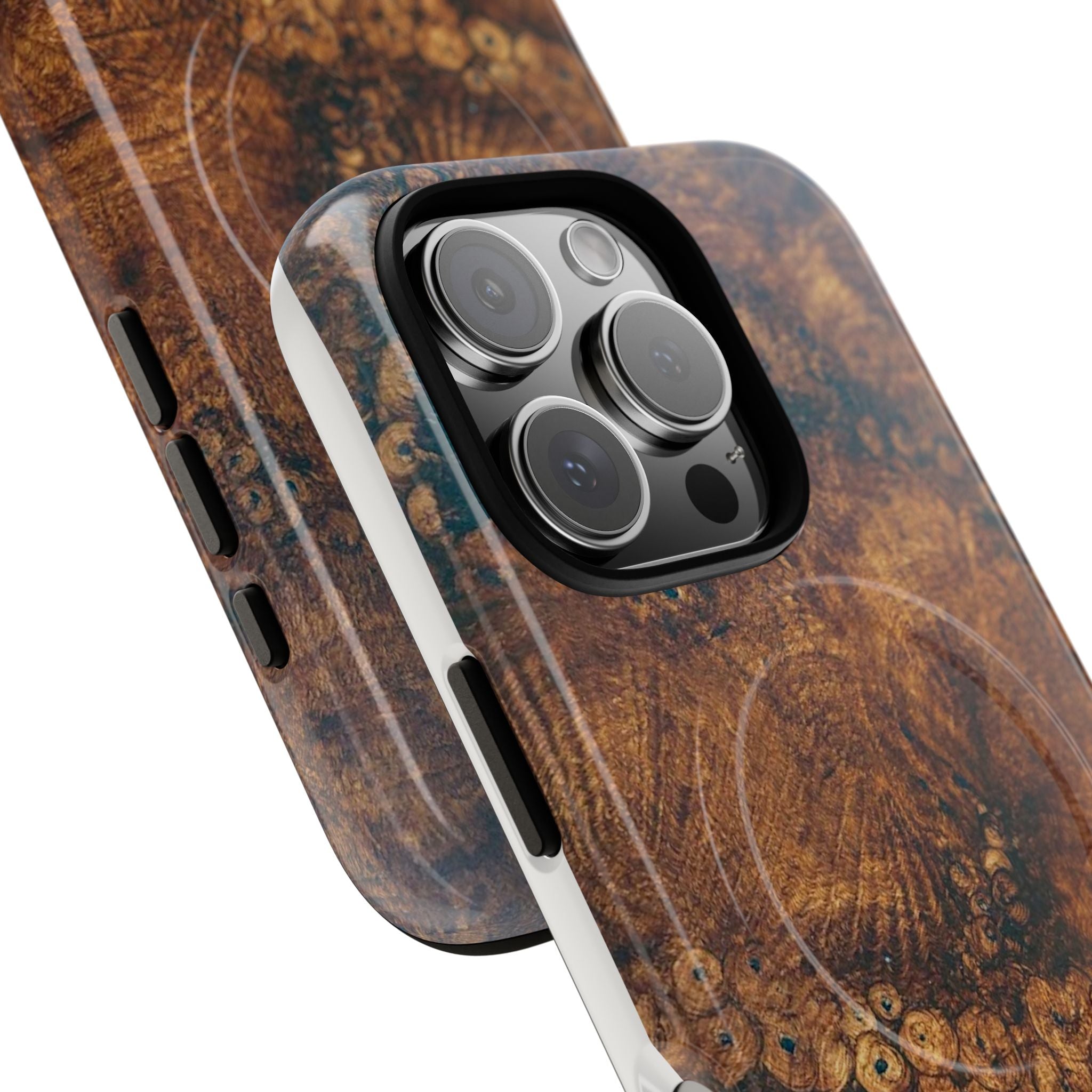 Magnetic iphone case with a natural Burl Wood Design compatible with MagSafe accessories in tough Dual Layer Shell