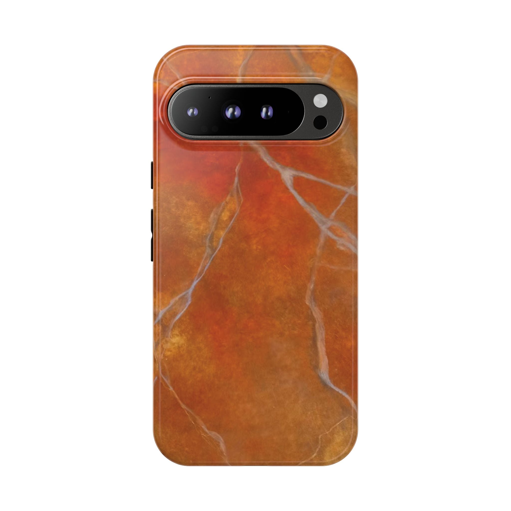 Phone case in sophisticated red orange marble design that is impact resistant tough in glossy or matte finish