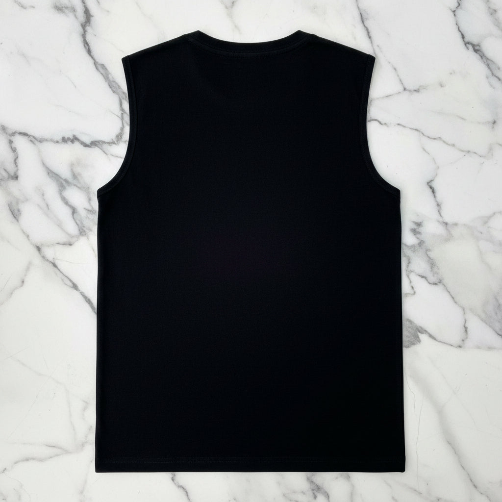 A black sleeveless muscle tee from the back, isolated with crewneck