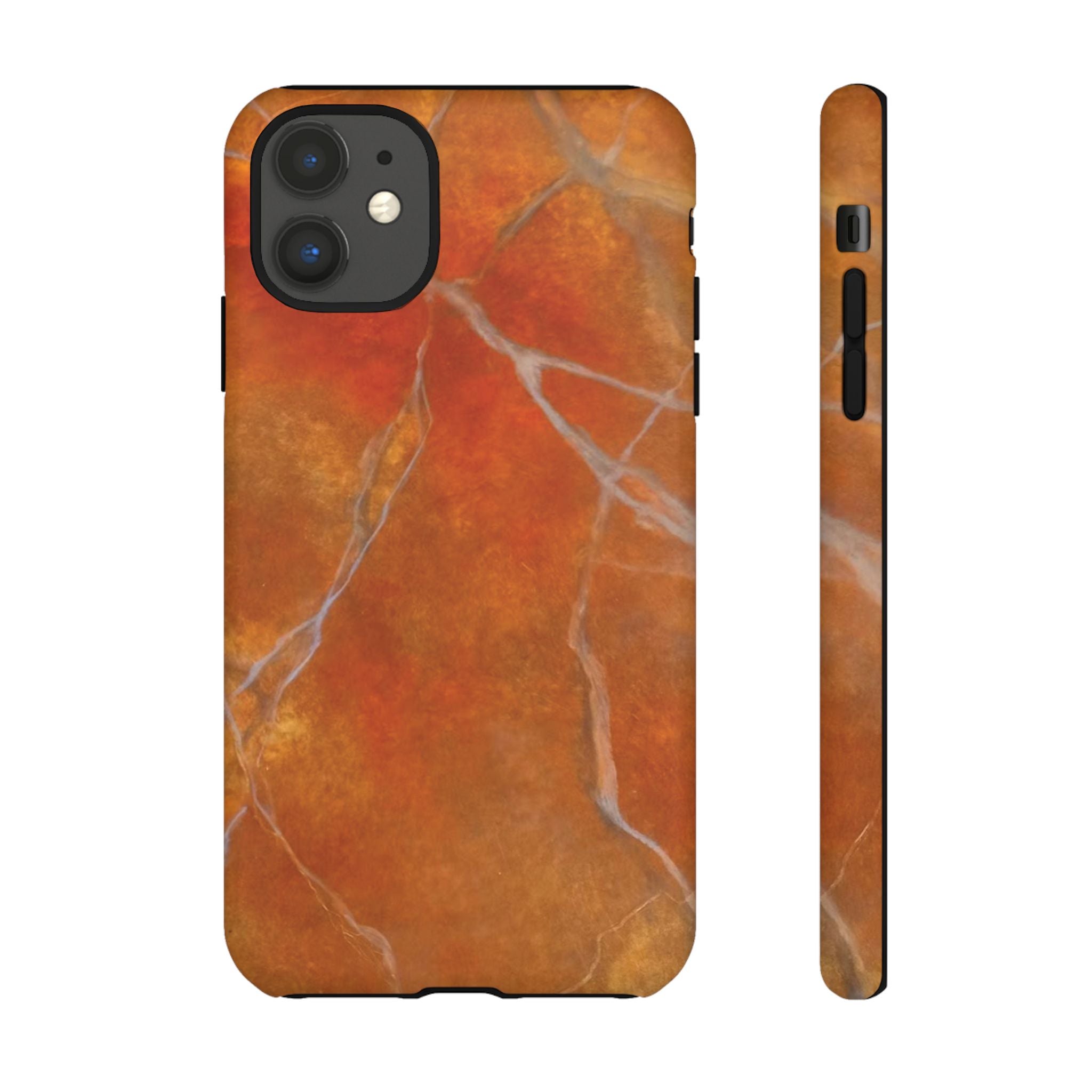 Phone case in sophisticated red orange marble design that is impact resistant tough in glossy or matte finish