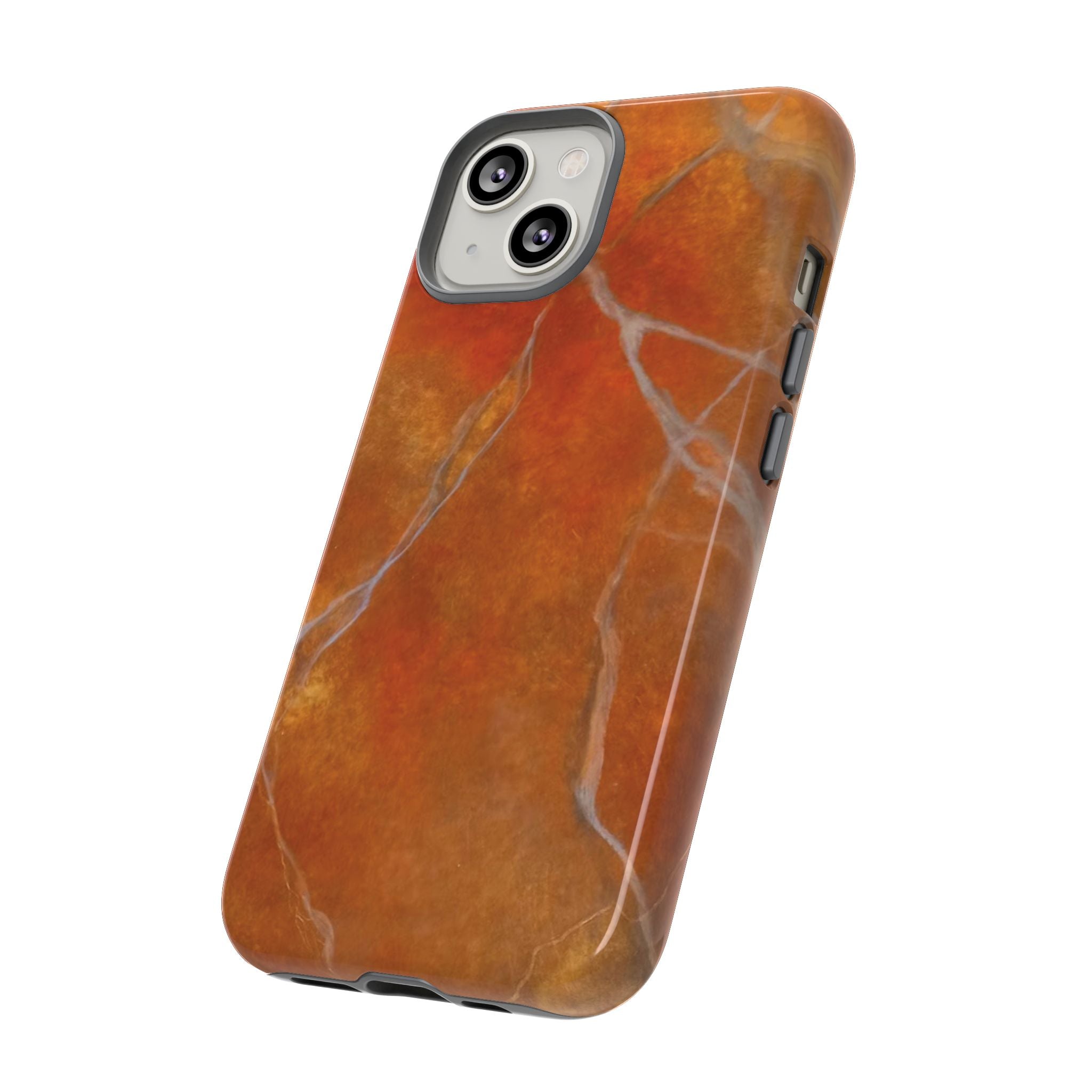Phone case in sophisticated red orange marble design that is impact resistant tough in glossy or matte finish