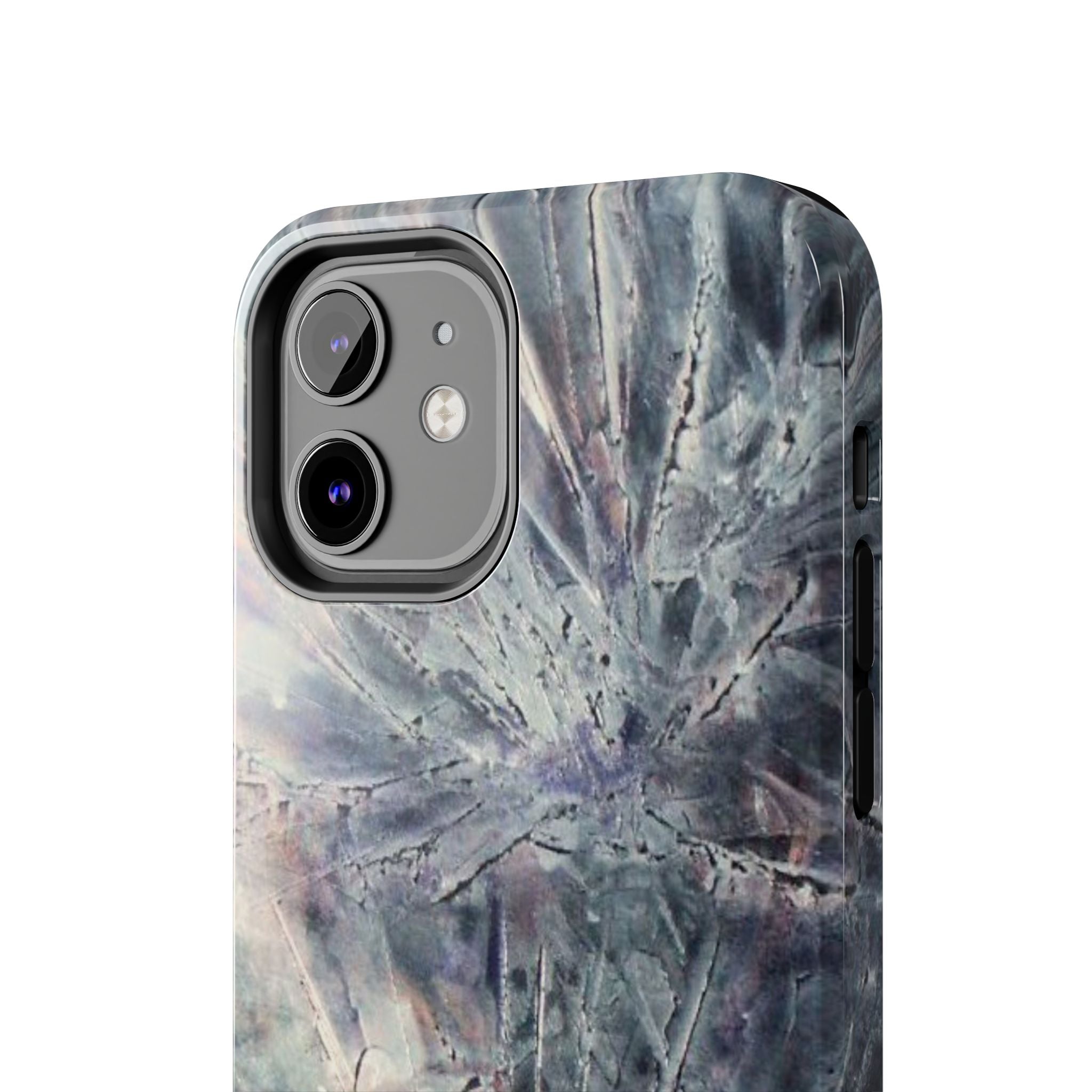 Phone case in abstract bursts of silver crystal design with rubber lining for strong impact and UV protection