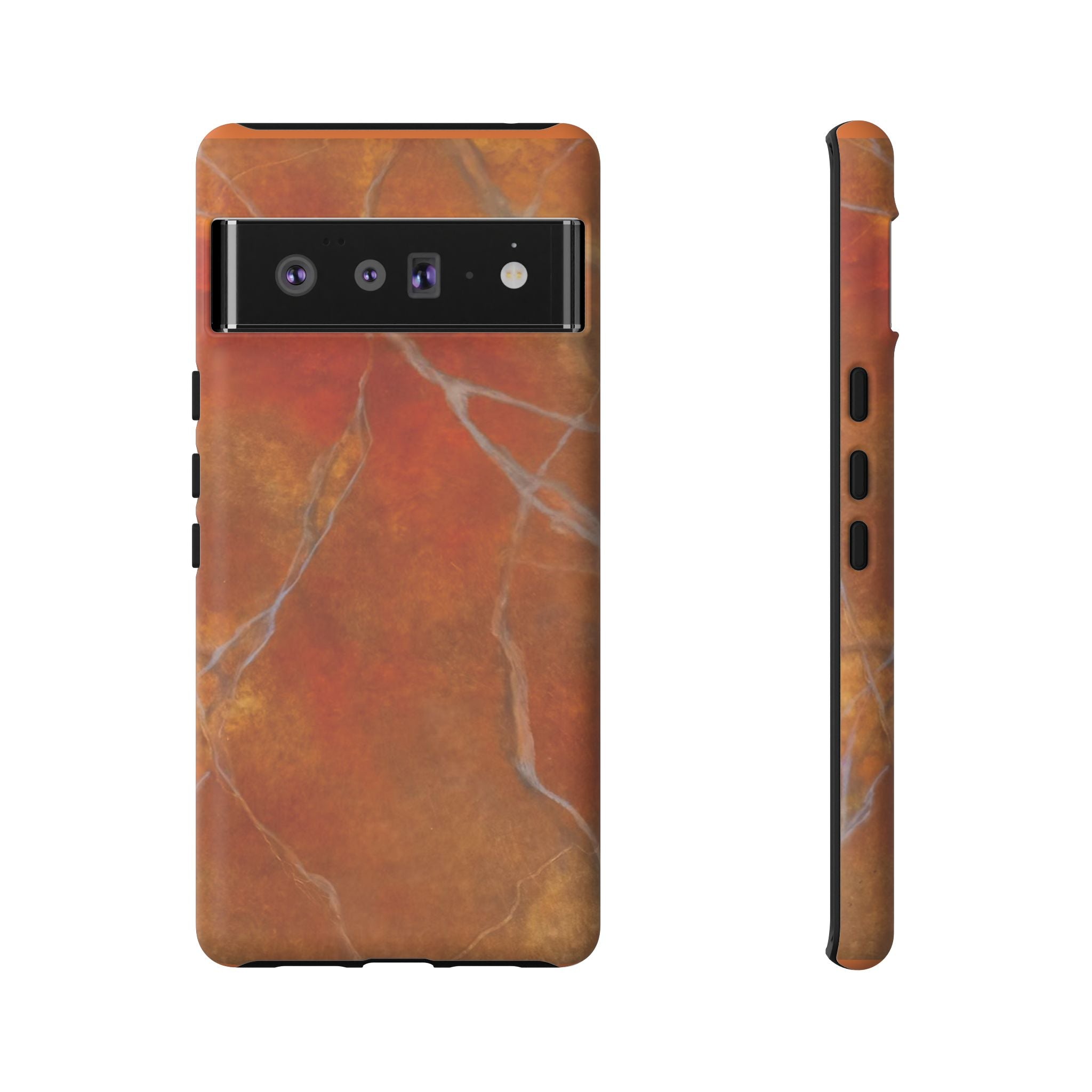 Phone case in sophisticated red orange marble design that is impact resistant tough in glossy or matte finish
