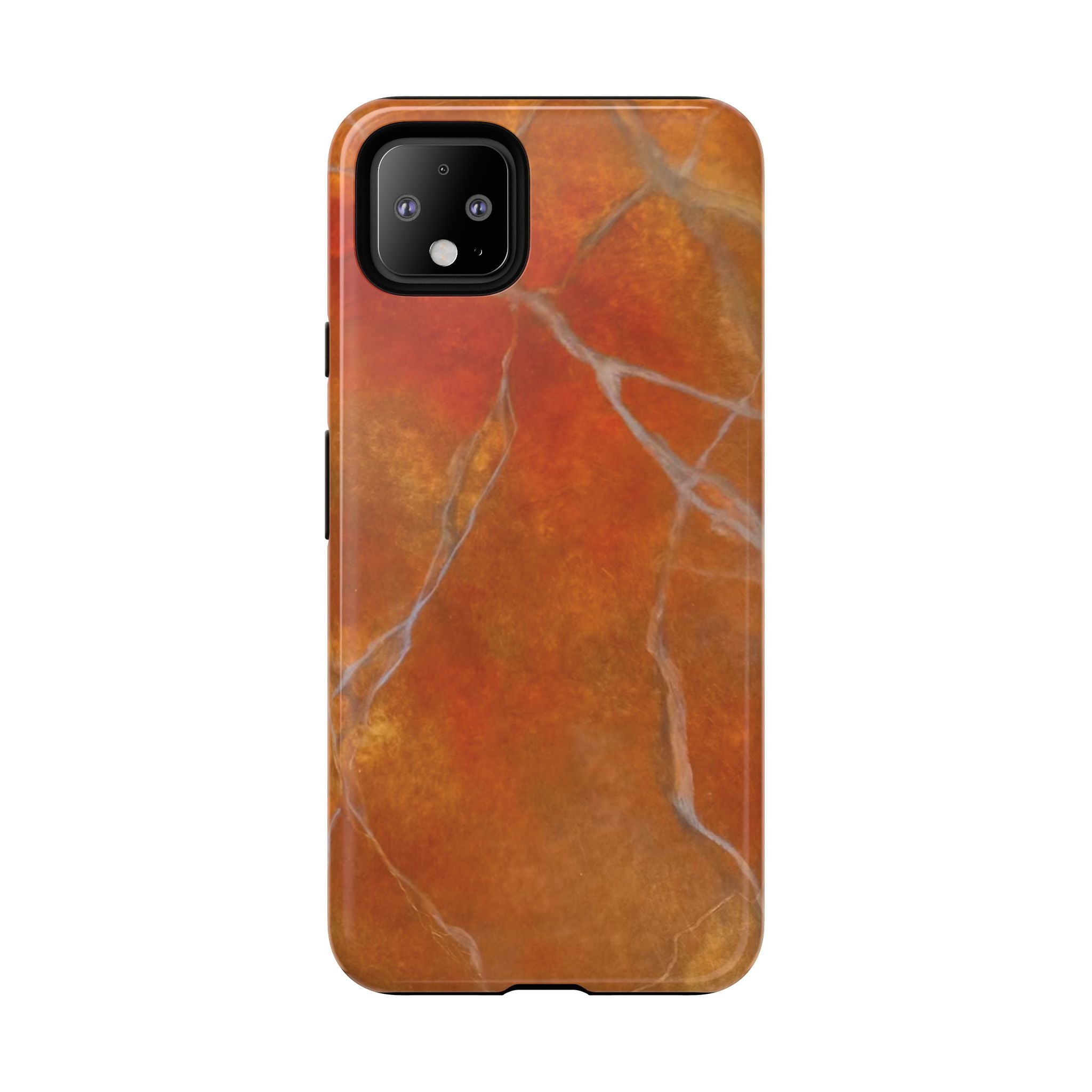 Phone case in sophisticated red orange marble design that is impact resistant tough in glossy or matte finish