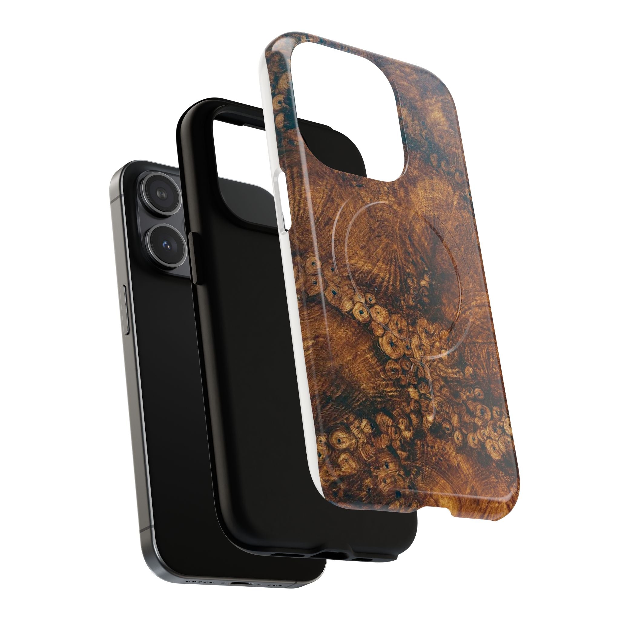 Magnetic iphone case with a natural Burl Wood Design compatible with MagSafe accessories in tough Dual Layer Shell
