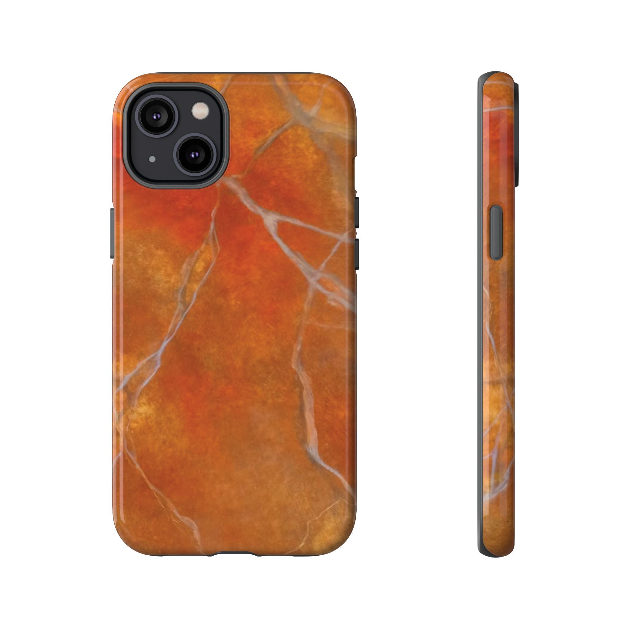 Phone case in sophisticated red orange marble design that is impact resistant tough in glossy or matte finish