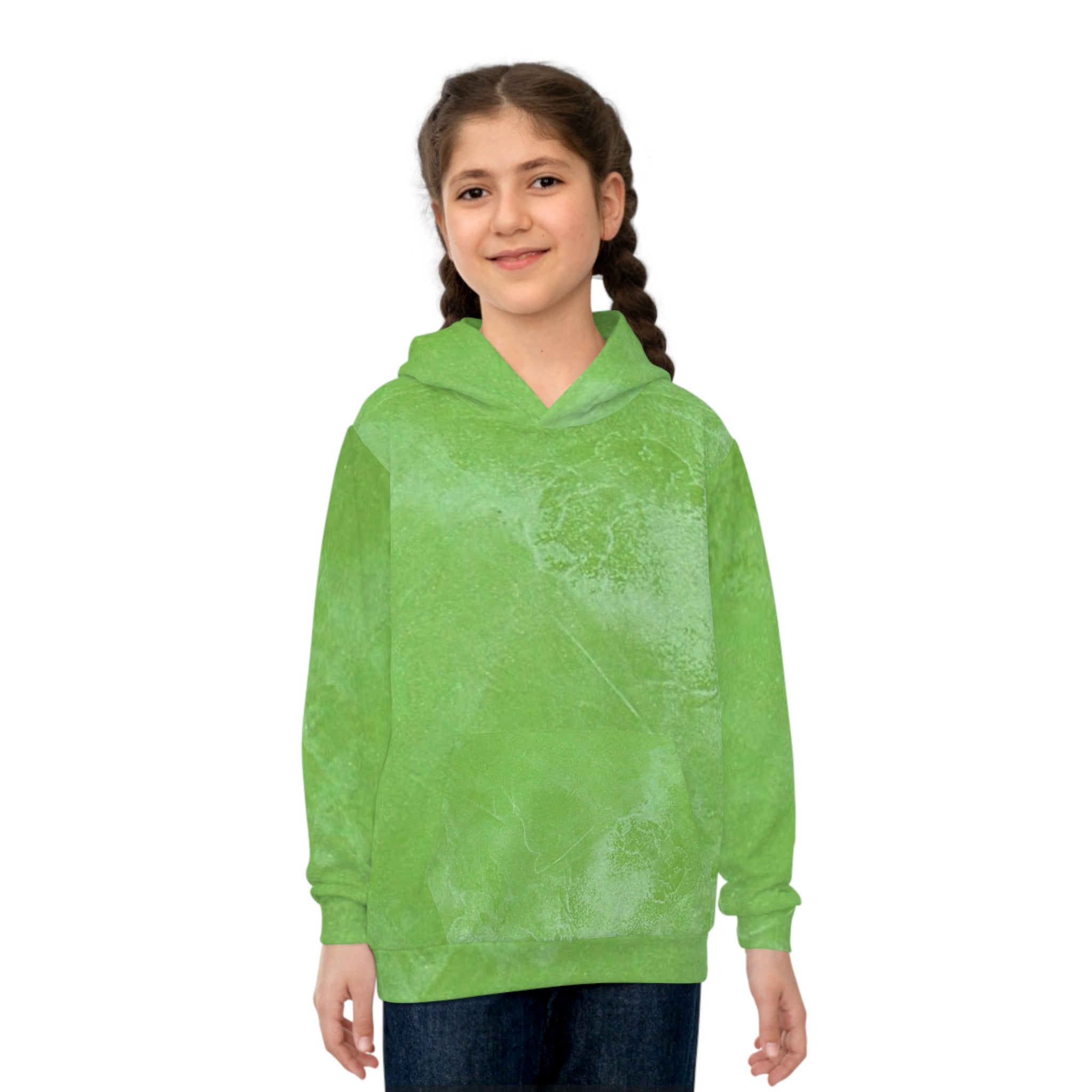 Kids Abstract Green Hoodie — Soft All-Over Print Pullover for Boys & Girls