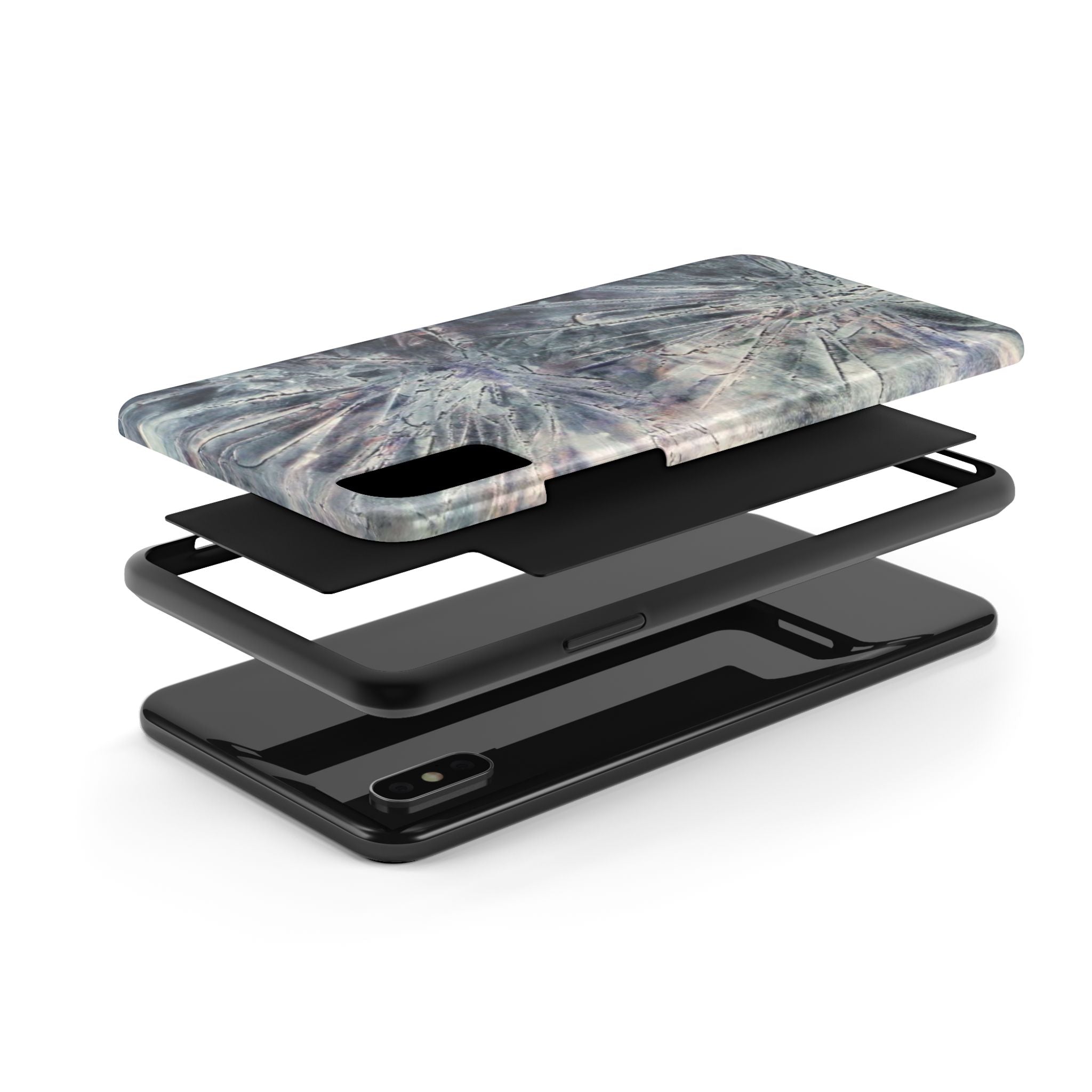 Phone case in abstract bursts of silver crystal design with rubber lining for strong impact and UV protection