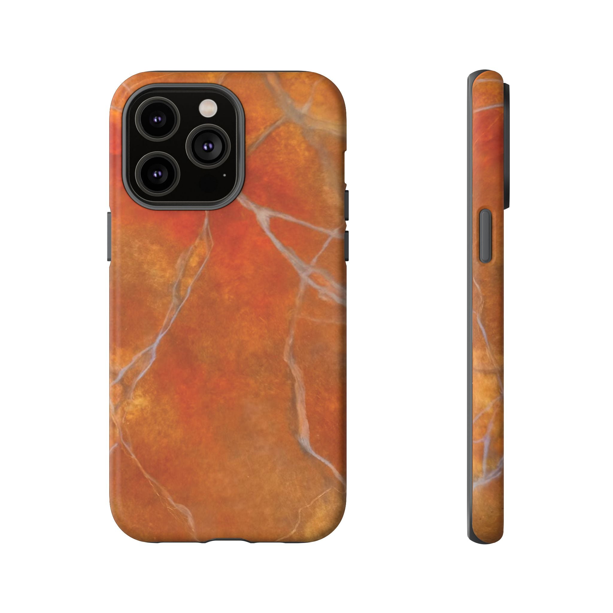 Phone case in sophisticated red orange marble design that is impact resistant tough in glossy or matte finish