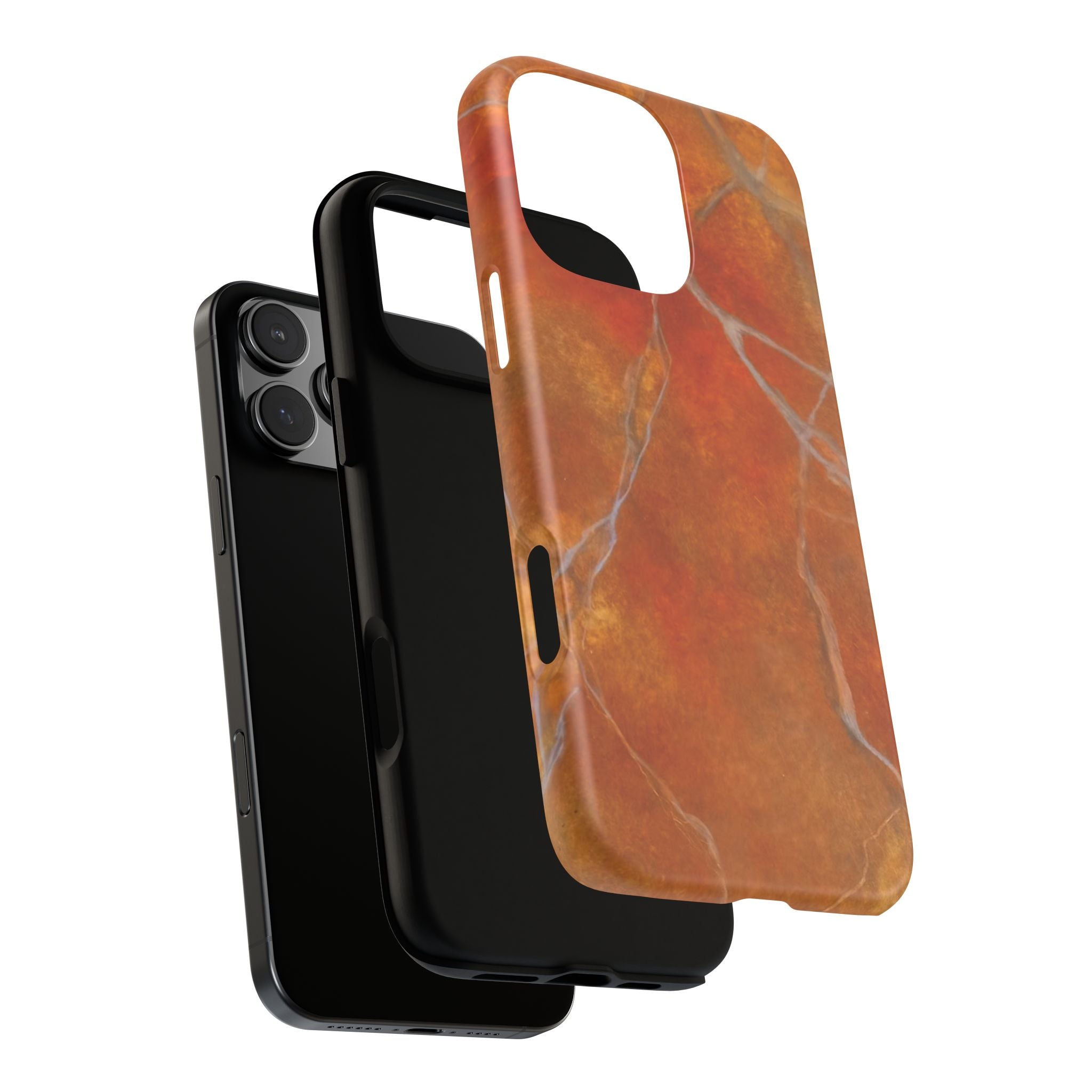 Phone case in sophisticated red orange marble design that is impact resistant tough in glossy or matte finish