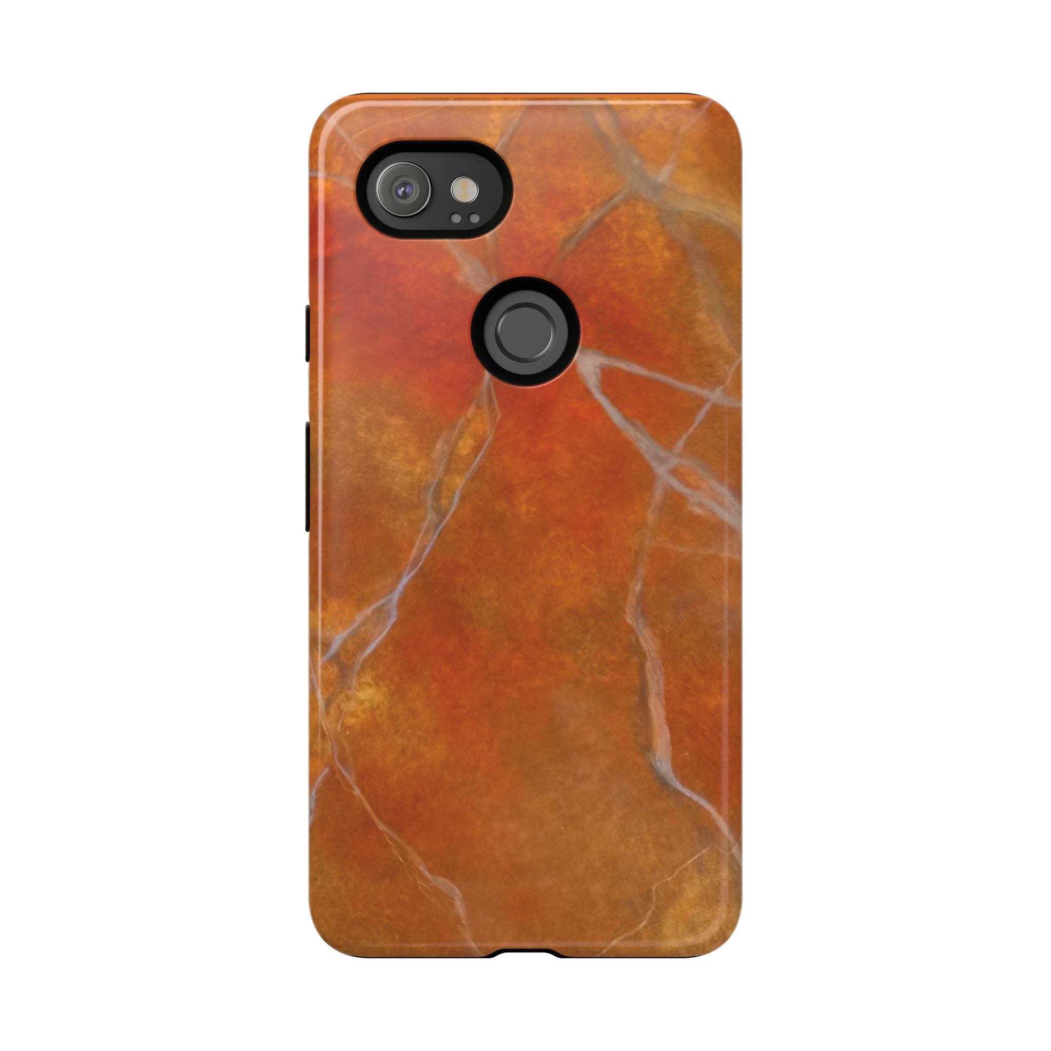 Phone case in sophisticated red orange marble design that is impact resistant tough in glossy or matte finish