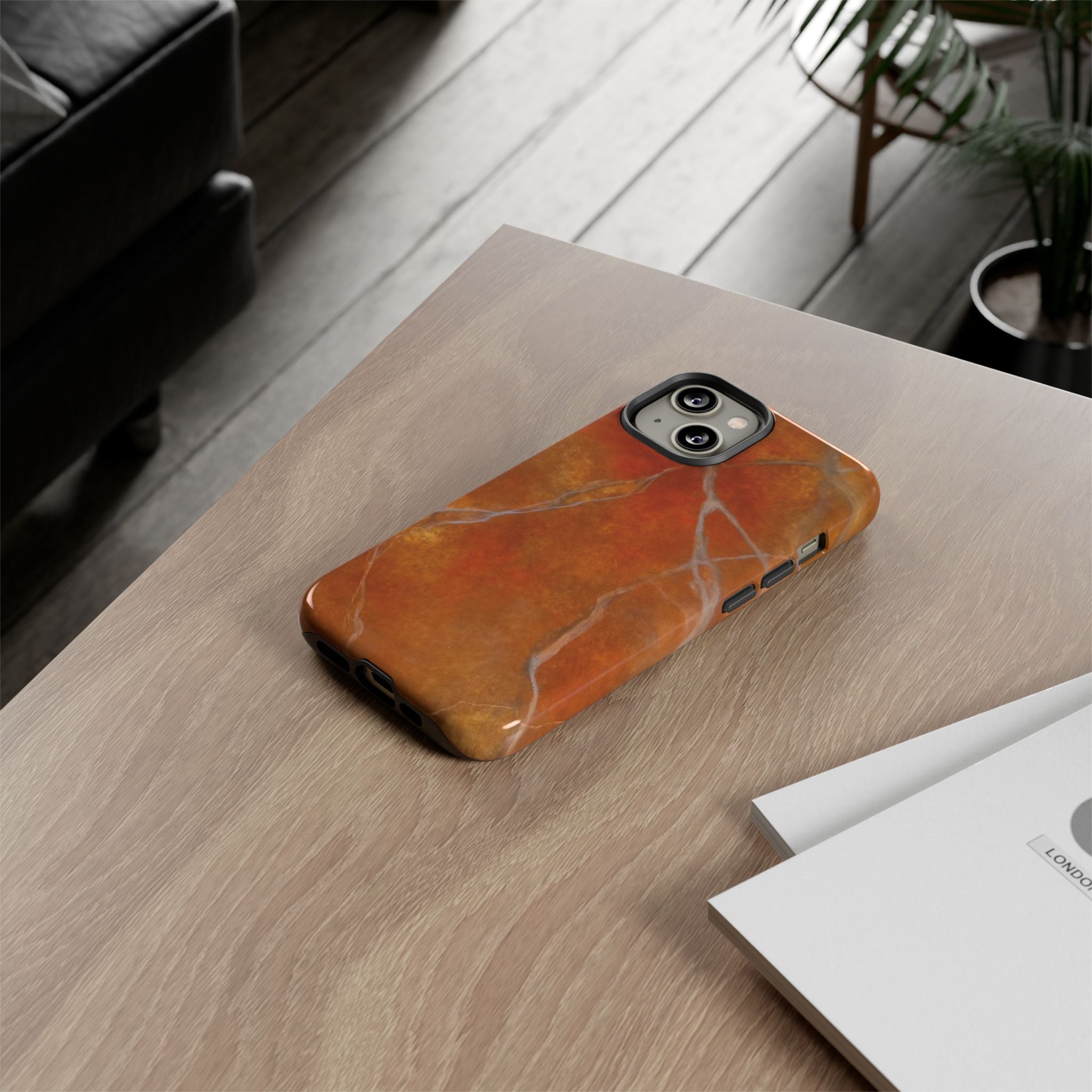 Phone case in sophisticated red orange marble design that is impact resistant tough in glossy or matte finish