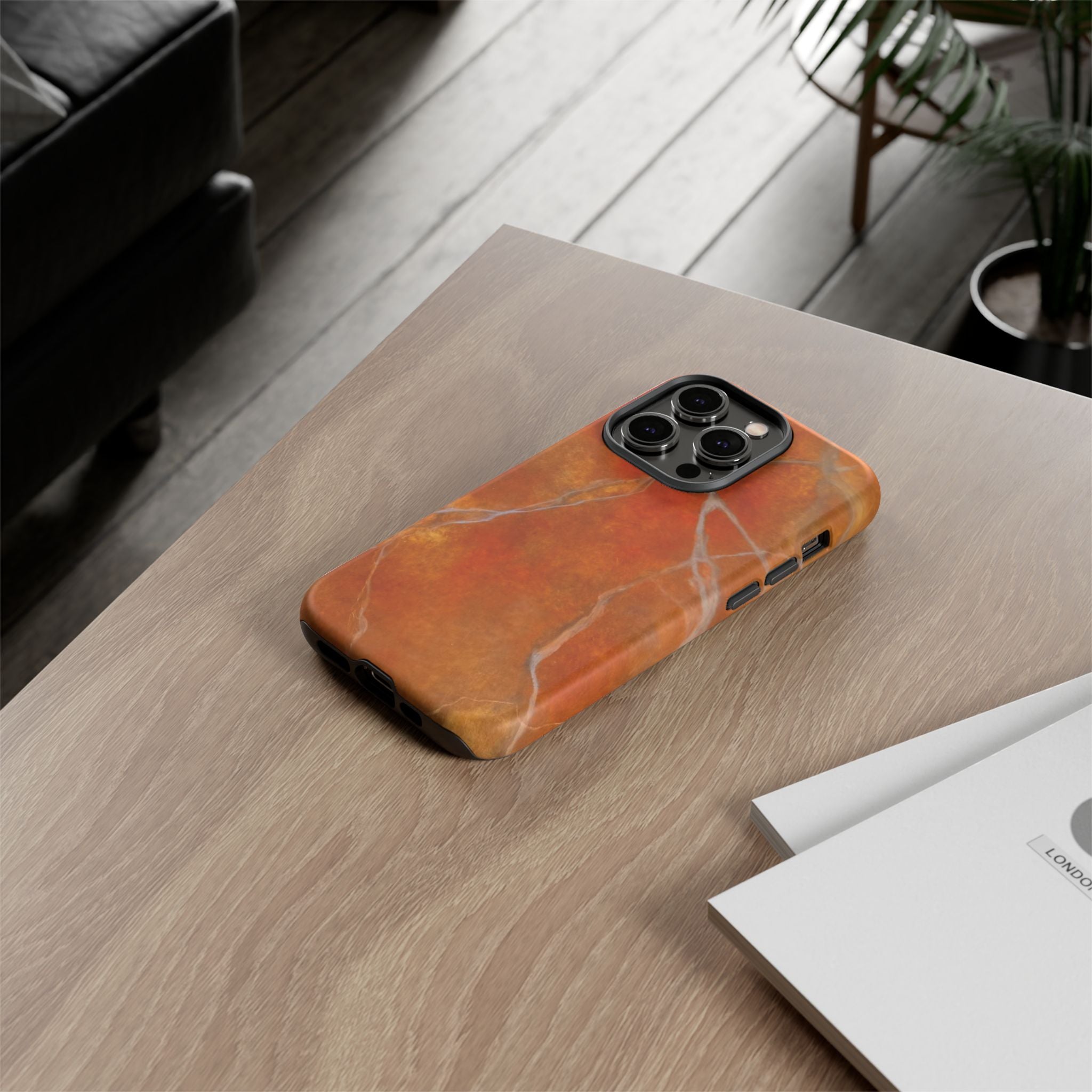 Phone case in sophisticated red orange marble design that is impact resistant tough in glossy or matte finish