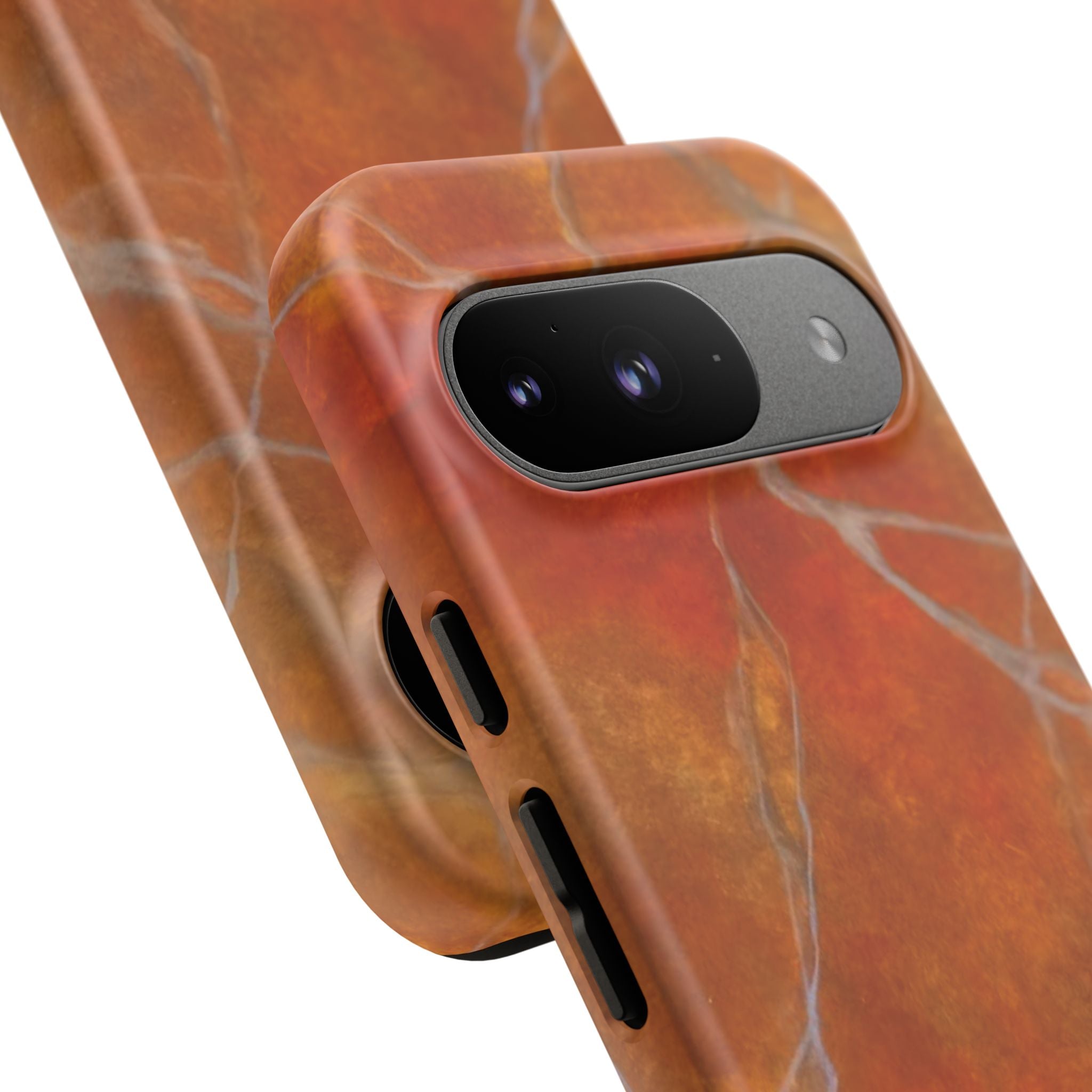 Phone case in sophisticated red orange marble design that is impact resistant tough in glossy or matte finish