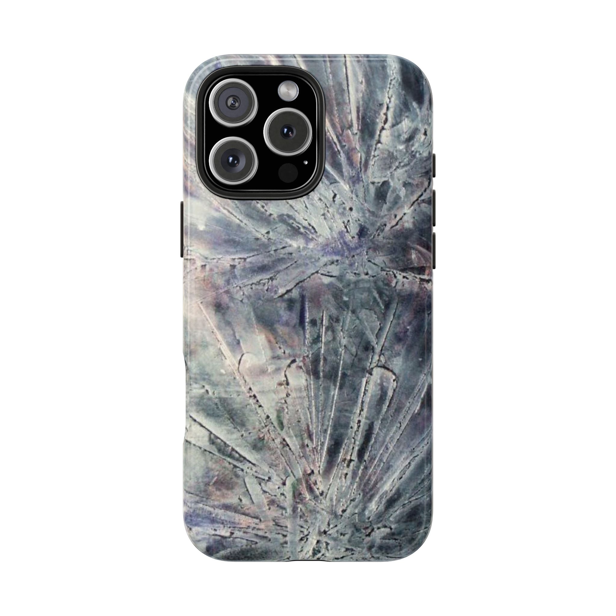 Phone case in abstract bursts of silver crystal design with rubber lining for strong impact and UV protection