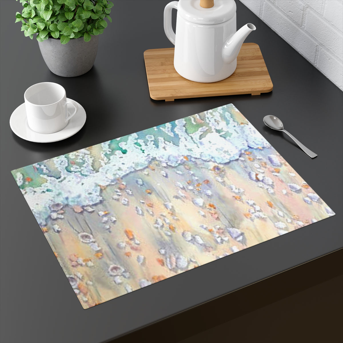 Beautiful placemat in water colored surf with shells and pebbles to enhance your dining