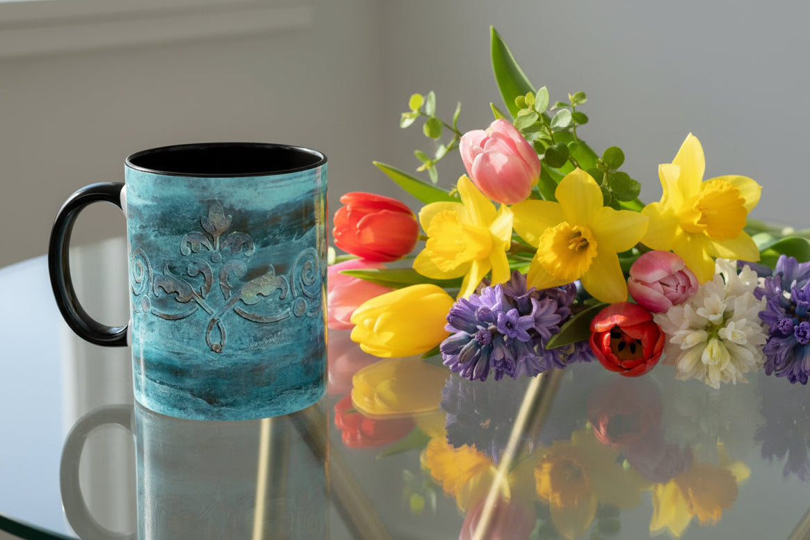 Abstract Aqua embossed 11 oz mug with black accents