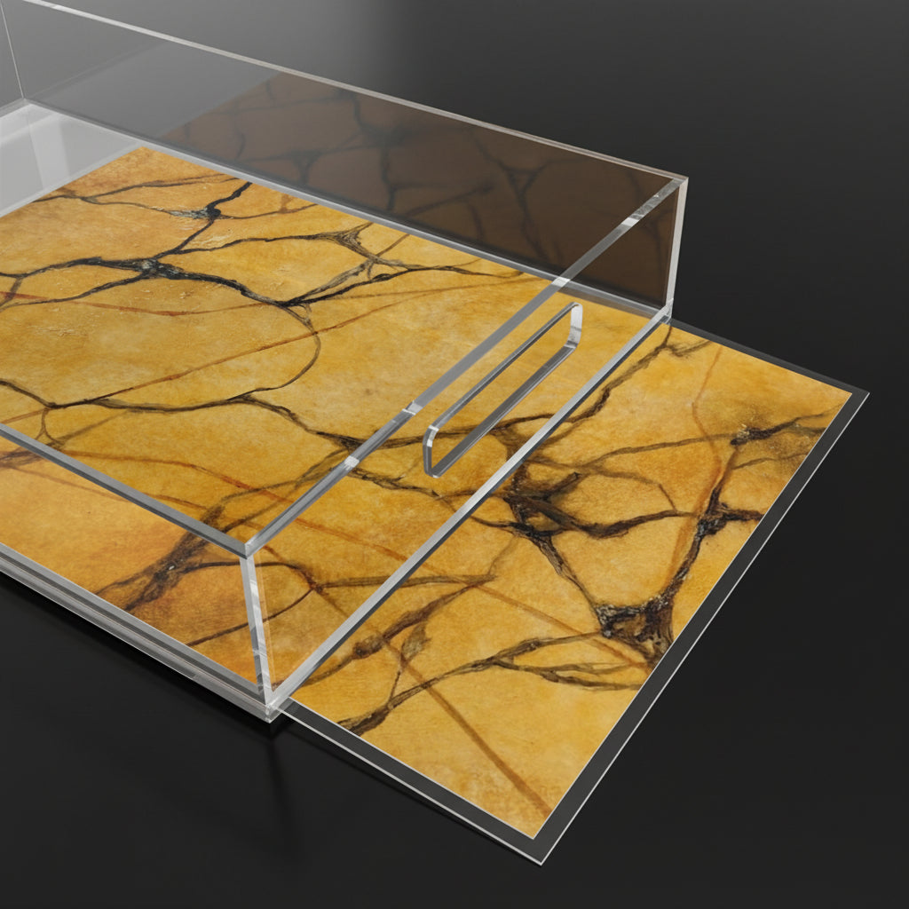 Acrylic tray with inset of laminated gold marble design that says elegance