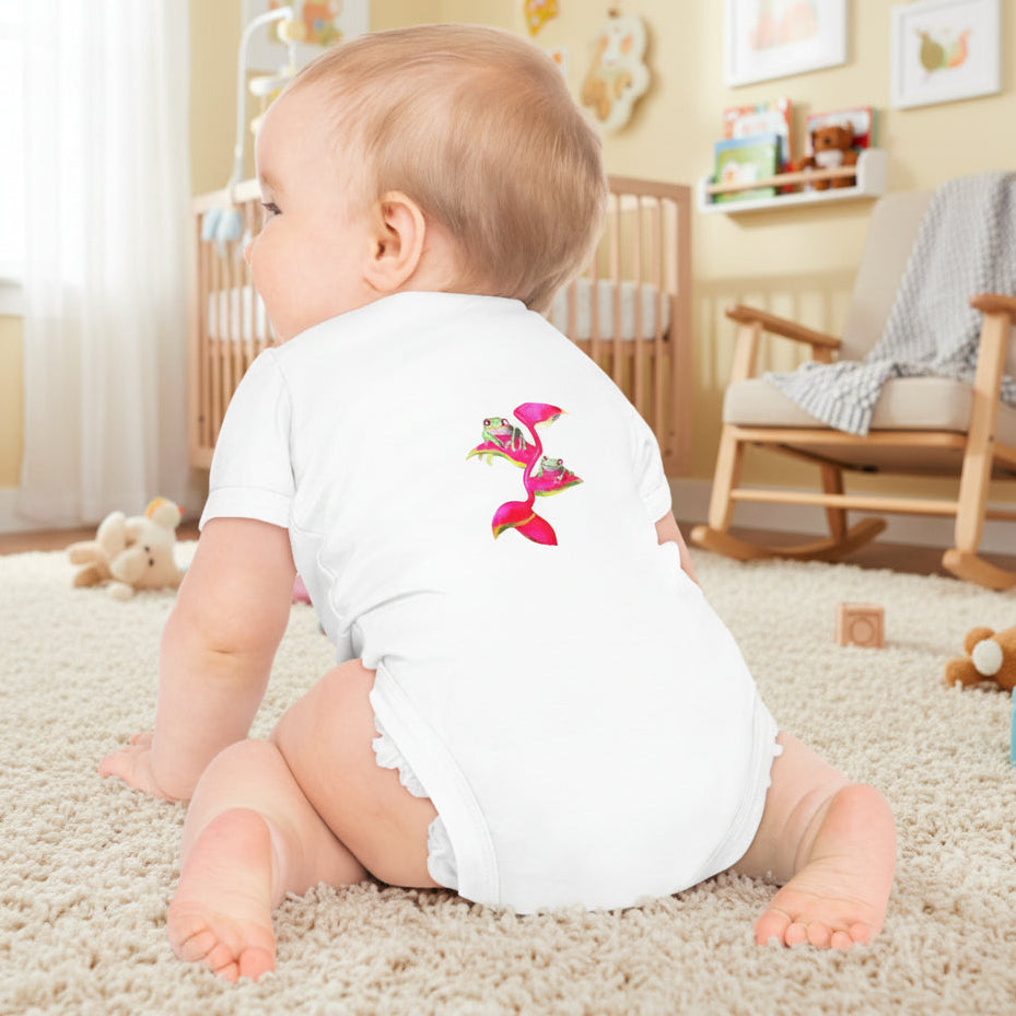 Baby bodysuit with colorful cute graphics available in three colors
