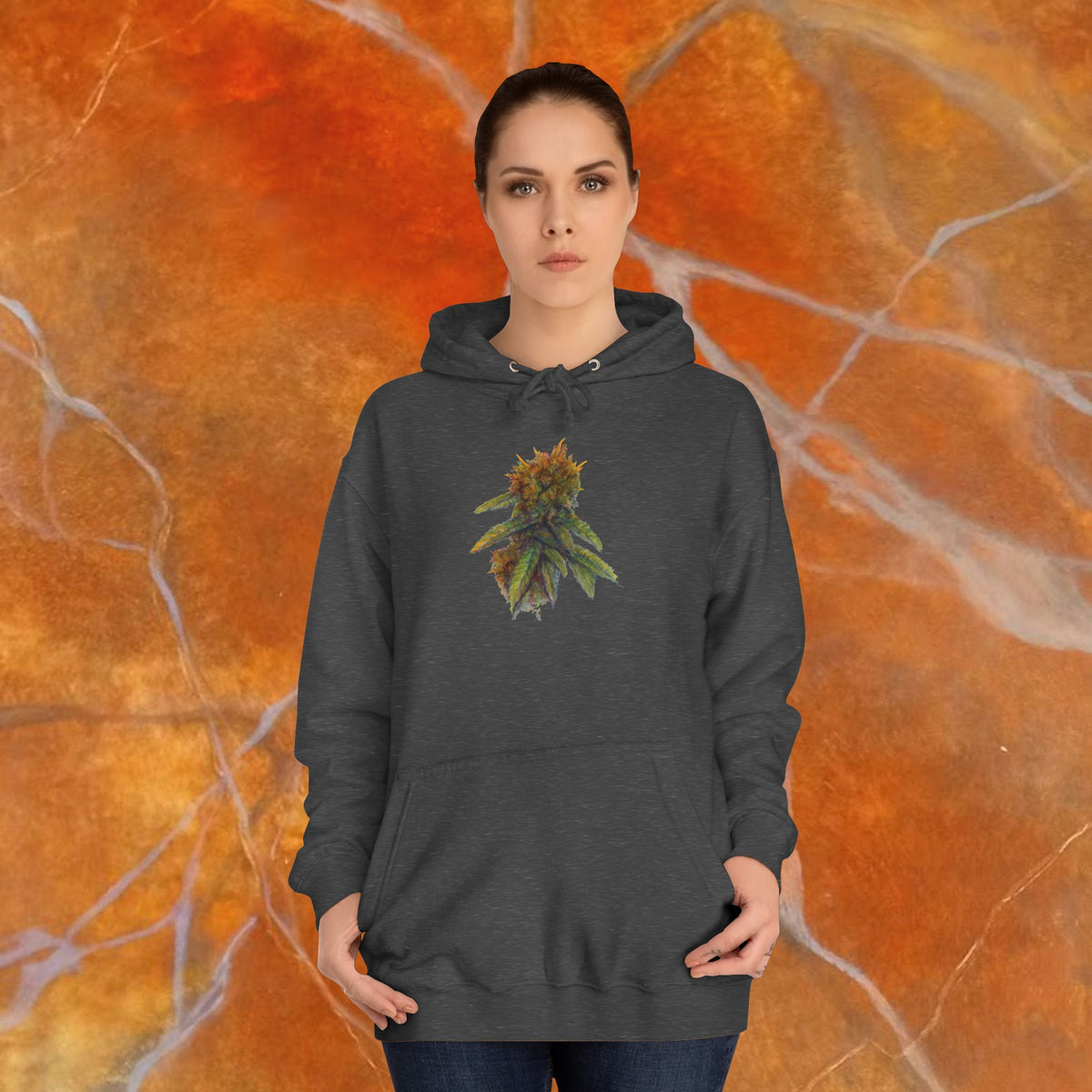 Charcoal gray adult unisex hoodie with a colorful cannabis bud graphic on the chest with loose fit, medium heavy cotton blends