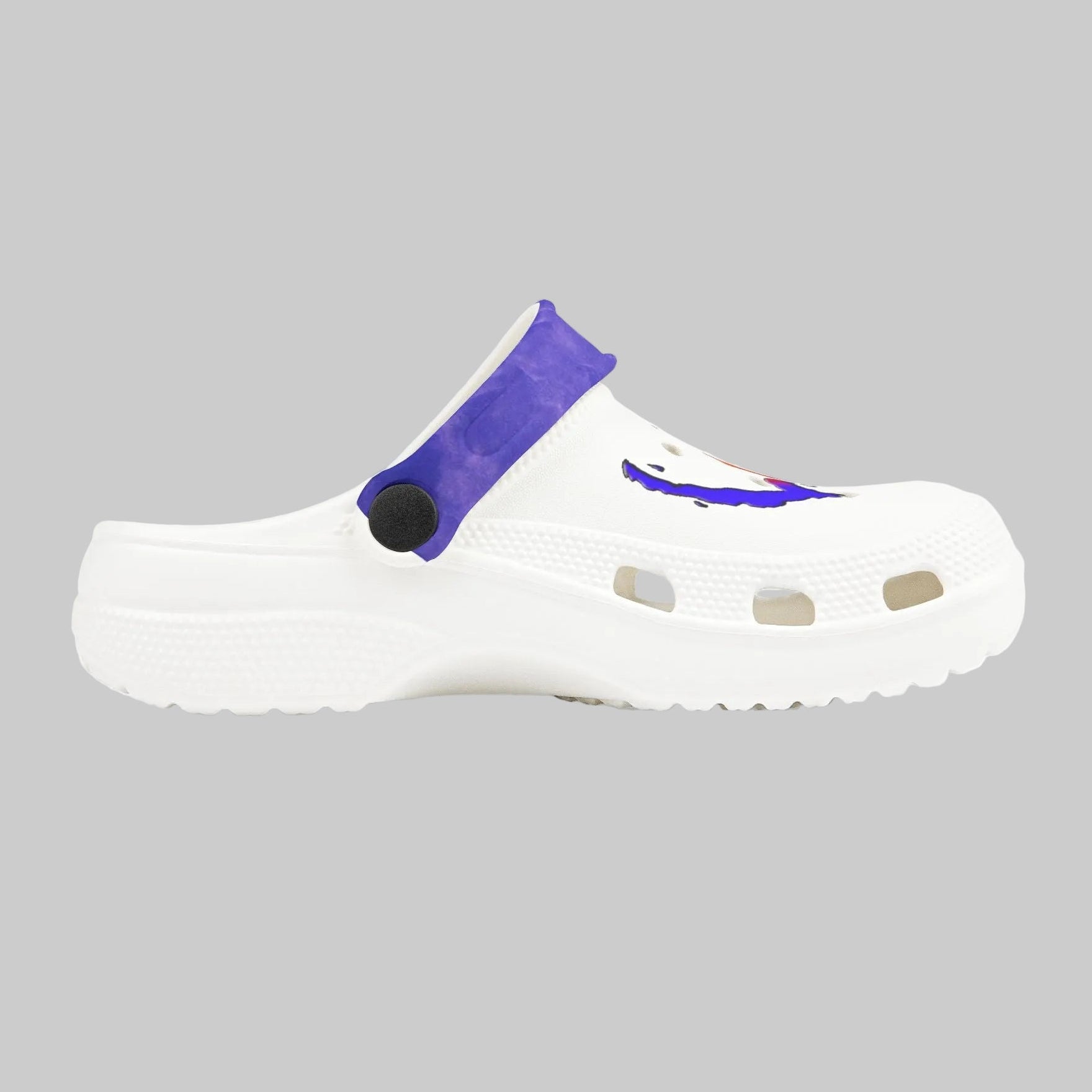 Fun and durable white child's contoured clog with blue heel strap and fun colored graphic