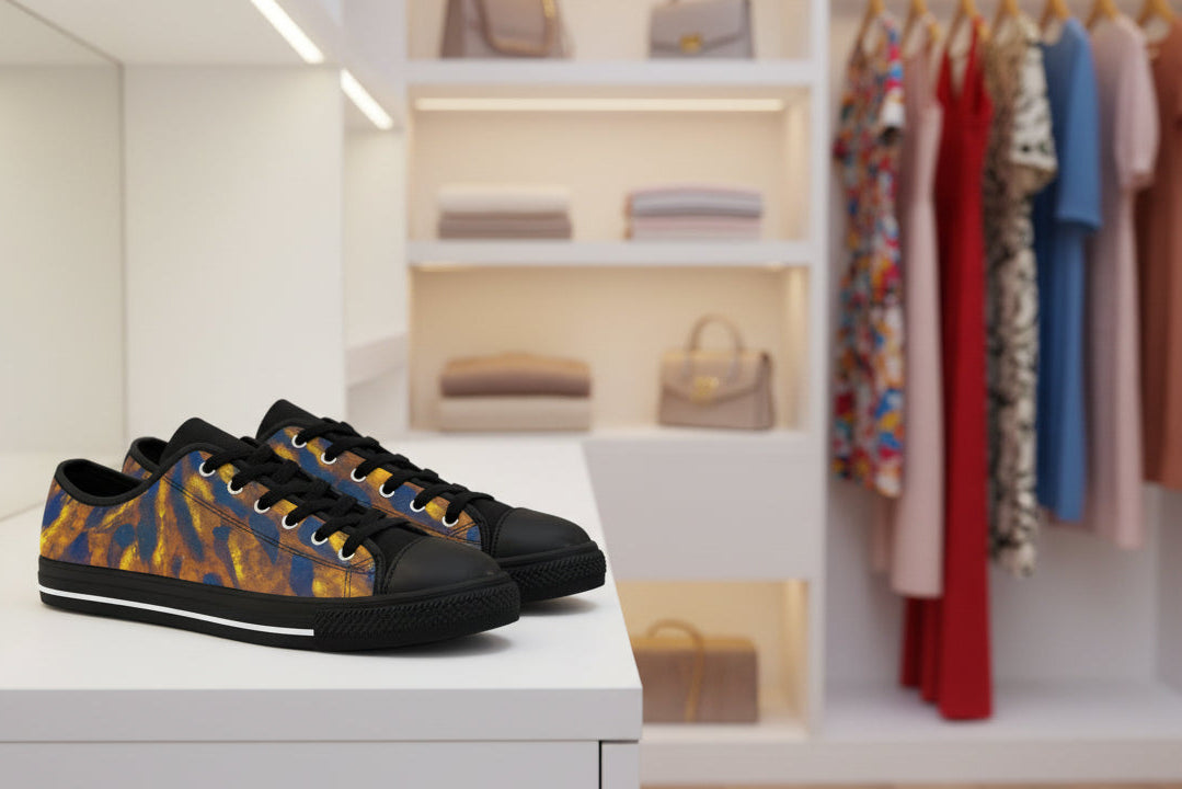A pair of low-top sneakers with black leather uppers and a colorful abstract design on side panel that will get you noticed while feeling so comfy